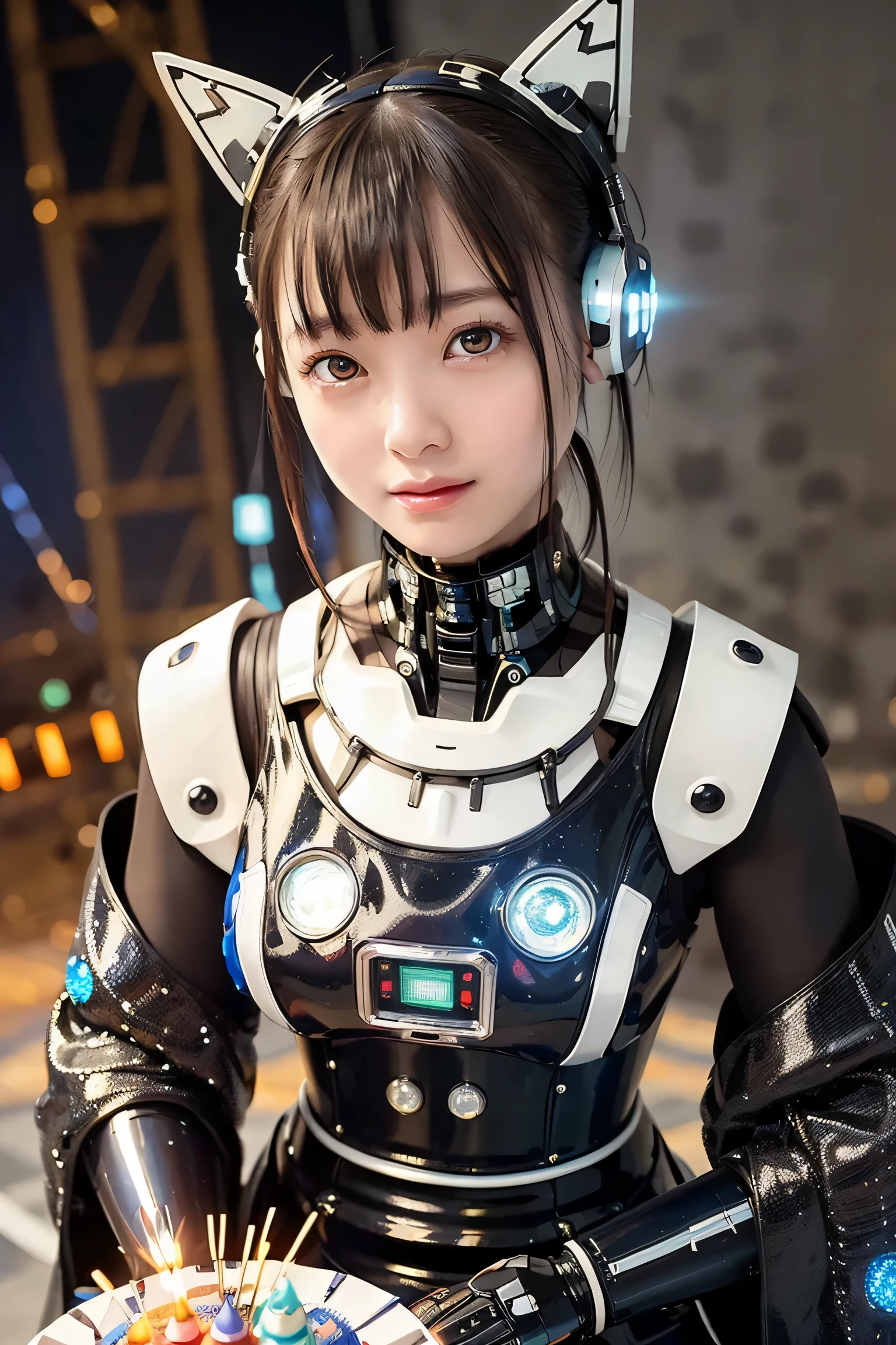 (Portrait with a sad expression)、(Highest Quality, And high-precision, masterpiece:1.2), (kimono robot has a birthday cake)、(metallic cybercake:1.5)、(Robot putting out a candle on a cake:1.6)、Robot celebrating a birthday、detail, Realistic:1.37,( perfect anatomy),robot remade of kimono, Idle robot、kimono style robot , Polymer kimono、黒い髪, metal necklace ,hair accessory like metal cake, kimono cyber costume 、 ( Futuristic Sparkling Blue and White ,cyborg suit like blue kimono .:1.3),( Precise electronic circuits inside the robot :1.43),beautiful idol woman 、staring intently at viewers、(fusion of Japanese kimono and cyber suit:1.1),Lots of tubes,(セクシーなIdle robot :1.1),big eyes,(glowing eyes:1.3),beautiful skin,Smile Yang、 short hair 、Beautiful Lips、Metal accessories, big eyes,black short hair、(The background is a road construction site :1.6)、Big cake and robot