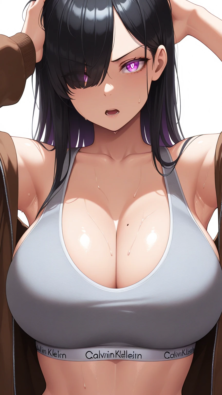 8K, high quality, animation, married woman, fair skin, beautiful, small face, neat, bright, emphasis on eyes, ????, super big ????, beautiful line drawing. Dark Hair, White Skin, Brown Eyes, Arms Up, Side Showing, Head Down, Simple Background, Pink Background, ??????, Nothing On, ????, Arms Up, Side Showing, Sweaty Body, Side Sweat, Smiling, ??????? Up, ((???????????))(?????????????)((one woman))