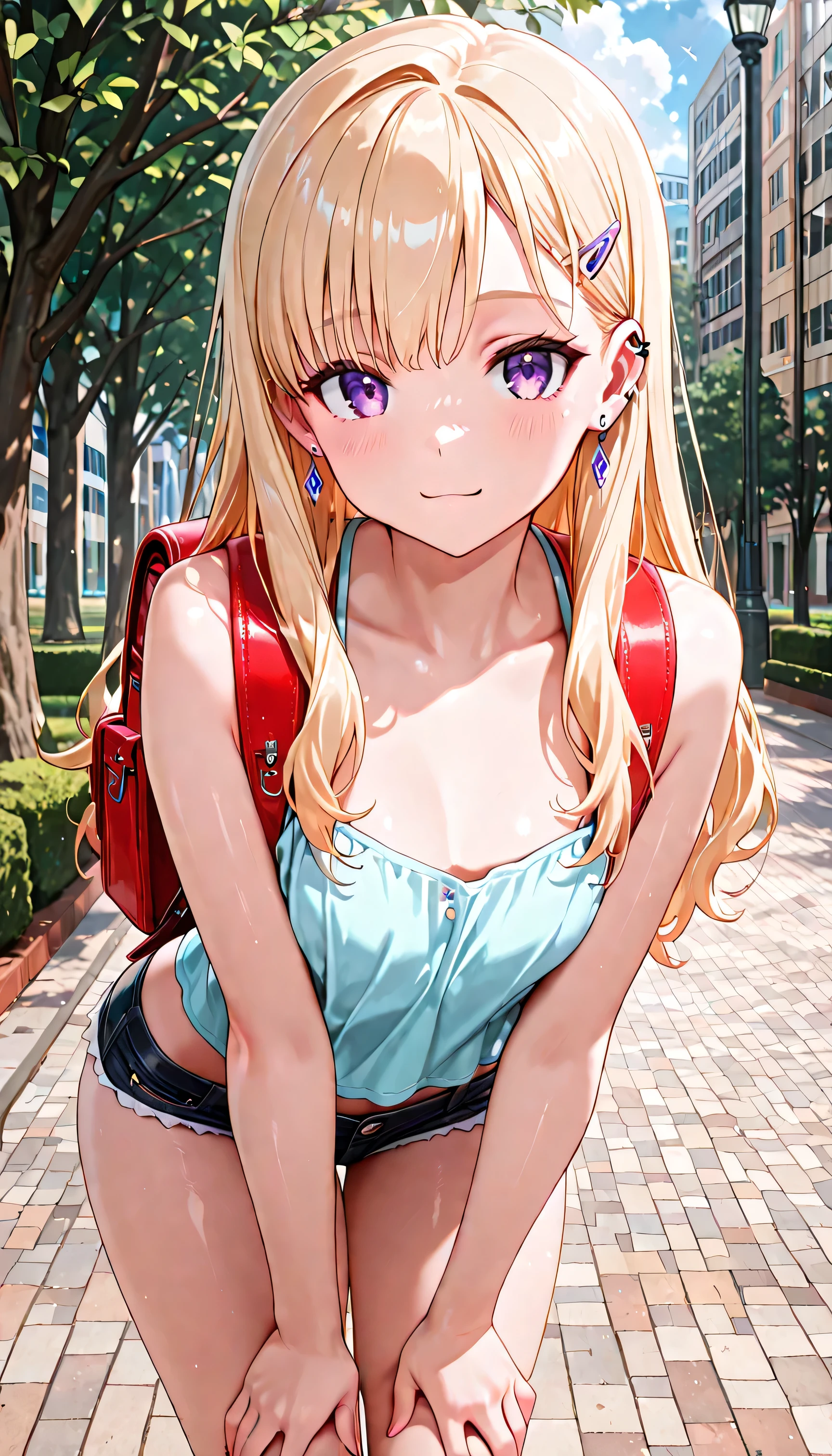 (masterpiece:1.2), 8k Resolution, high resolution, (1 cute girl, KJOsaki, blonde hair, purple eyes, long hair, hair ornament, hairclip, earrings, ear piercing),Find a backpack,beautiful girl leaning forward,Beautiful skin, Radiant Skin, Micro shorts,Park Background,