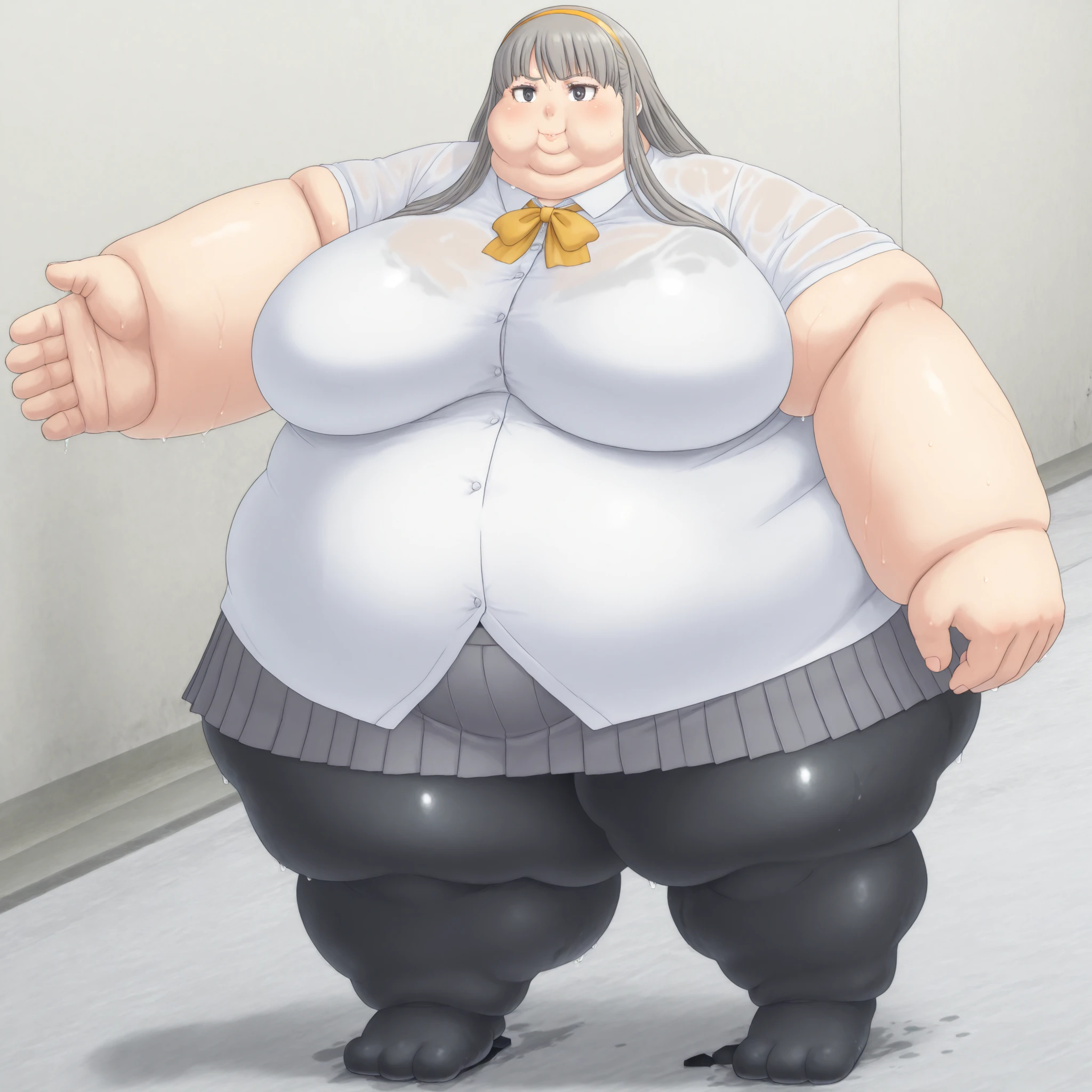 misonoinori,1girl,solo,pantyhose,long hair,hairband,skirt,school grey hair,black pantyhose,pleated skirt,smile,black eyes, blank_stare, empty_stare,  fat, chubby, obese, gigantic arms and legs, large breasts, sweating, wet body, swollen face, Fat_neck , Fat head , eyes with crushed cheeks , nose with crushed cheeks , mouth with crushed cheeks , chin roll,
only head, large head, oversized limbs, large hands, large feet, oversized feet, oversized fingers, big lips, plump lips, fat face, fupa, big fupa, fat fupa, 