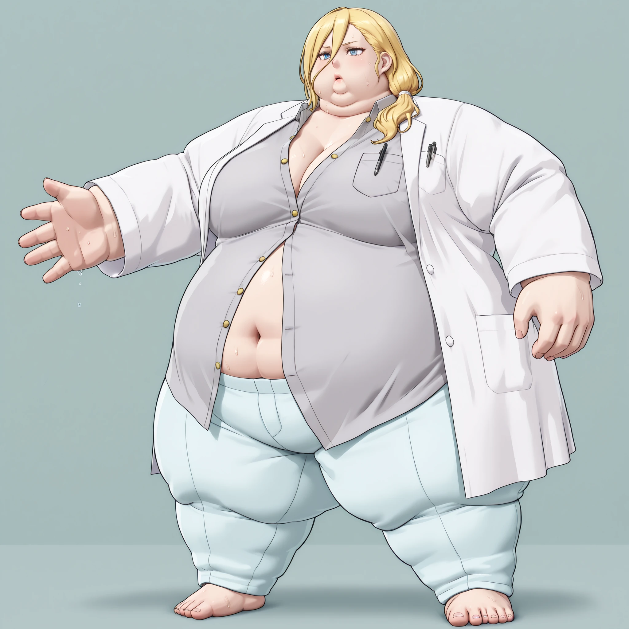 La_Monica
1girl, solo, blonde hair, long hair, side ponytail, hair between eyes,
hair tie, white hair tie,
lab coat, white lab coat, shirt, gray shirt, shirt with golden buttons, unbuttoned shirt, light blue pants, chest pocket, pen in chest pocket, blank_stare, empty_stare,  fat, chubby, obese, gigantic arms and legs, large breasts, sweating, wet body, swollen face, Fat_neck , Fat head , eyes with crushed cheeks , nose with crushed cheeks , mouth with crushed cheeks , chin roll,
only head, large head, oversized limbs, large hands, large feet, oversized feet, oversized fingers, big lips, plump lips, fat face, fupa, big fupa, fat fupa, 