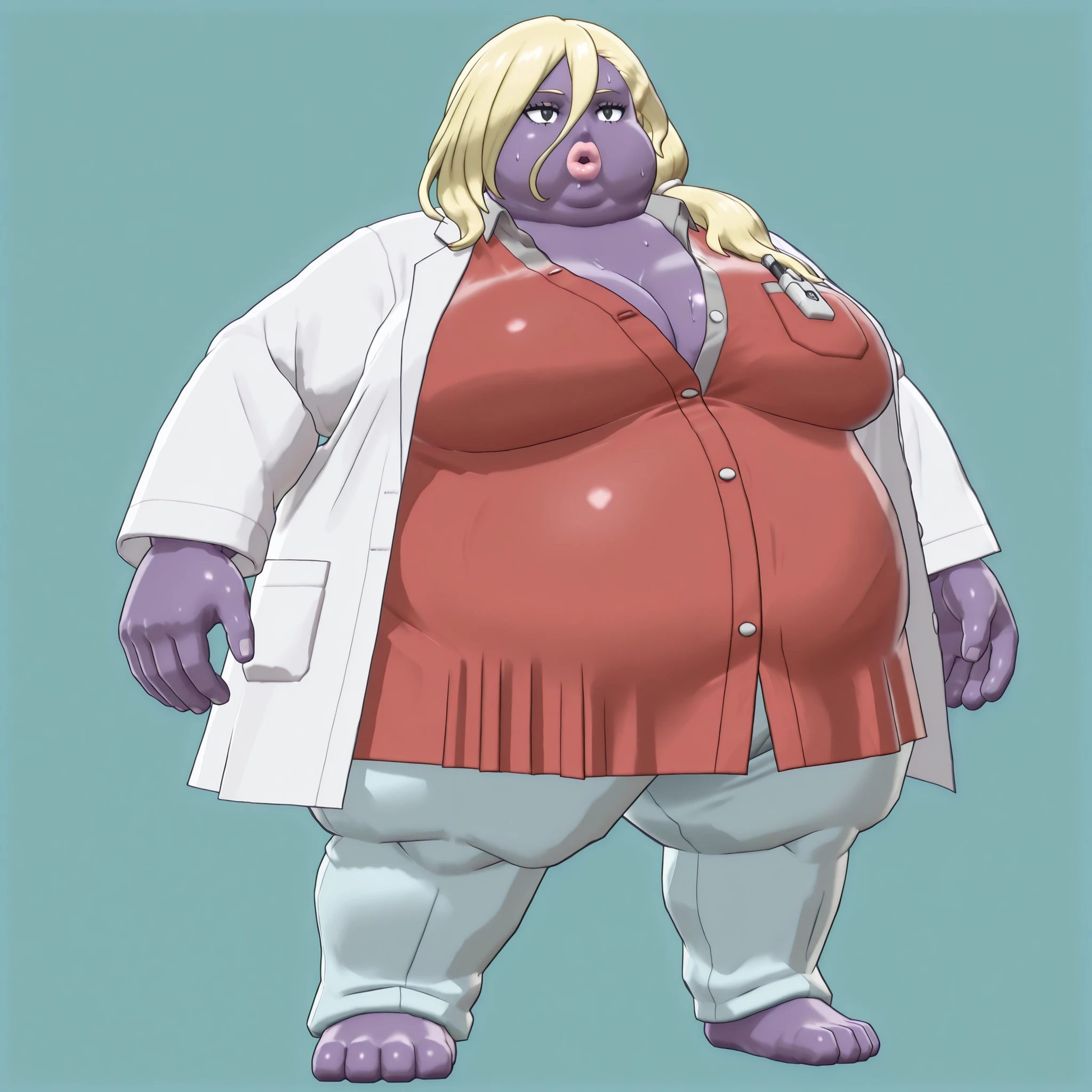 colored skin, lips, thick lips, pokemon (creature), no humans, long hair, blonde hair, black eyes, dress, red dress, purple skin, La_Monica
1girl, solo, blonde hair, long hair, side ponytail, hair between eyes,
hair tie, white hair tie,
lab coat, white lab coat, shirt, gray shirt, shirt with golden buttons, unbuttoned shirt, light blue pants, chest pocket, pen in chest pocket, blank_stare, empty_stare,  fat, chubby, obese, gigantic arms and legs, large breasts, sweating, wet body, swollen face, Fat_neck , Fat head , eyes with crushed cheeks , nose with crushed cheeks , mouth with crushed cheeks , chin roll,
only head, large head, oversized limbs, large hands, large feet, oversized feet, oversized fingers, big lips, plump lips, fat face, fupa, big fupa, fat fupa, 