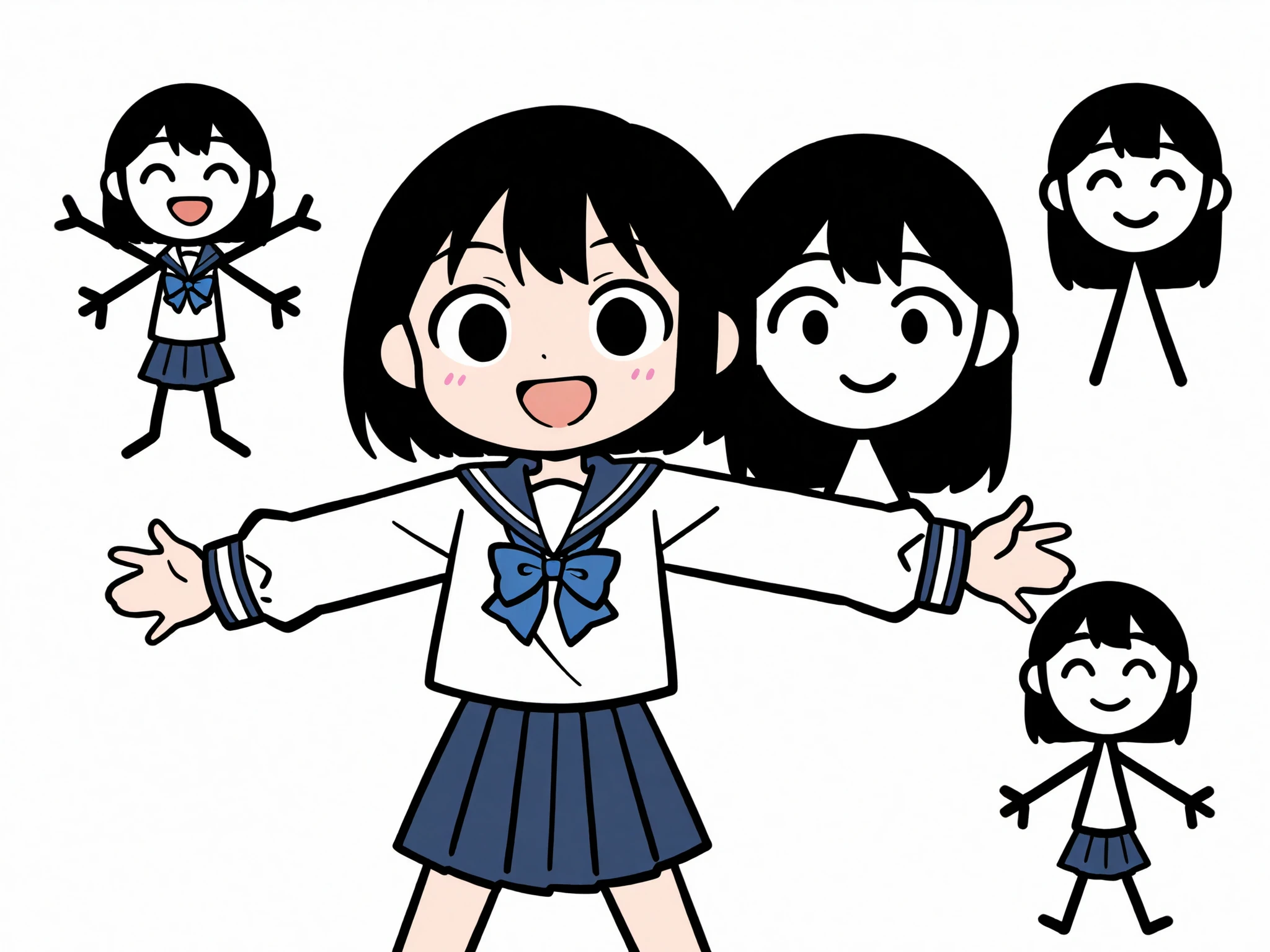 chibi character, simple drawing, stick figure style, anime style, school uniform, sailor uniform, blue ribbon, blue bow, pleated skirt, navy skirt, white blouse, long sleeves, short hair, black hair, straight hair, shoulder length hair, smiling character, open mouth, happy expression, simple face, minimal eyes, curved eyebrows, small mouth, minimalistic art, cute style, simplistic design, cartoon girl, female character, standing pose, arms out, front view, light skin, student outfit, japanese school uniform, seifuku, doodle art, digital drawing, minimalist anime, basic shading, flat colors, clean background, white background, vector-like, 2d illustration, outline art, cute expression, playful mood, casual pose, minimal details, blue color palette, kawaii style, stylized character, anime girl, sketchy outline, simple proportions, childlike drawing, rough outline, beginner style, cartoon proportions, student character, hand-drawn look, comic style, cute cartoon, adorable character, anime-inspired, character design, expressive pose, youthful design, smiling girl, friendly character, open arms, basic coloring, unshaded drawing, cute simplicity, simple anatomy, lighthearted expression, naive style, cute sketch, anime doodle, cartoon simplicity, happy mood, digital art, art sketch, thin lines, flat coloring, character focus, chibi girl, cartoon simplicity, anime student, doodle character, minimal anime, schoolgirl outfit, blue and white colors, basic design, cute art style, cheerful character, kawaii art, anime doodle, casual character, youth theme, simple charm, stick figure girl, cute schoolgirl, flat design, happy chibi,