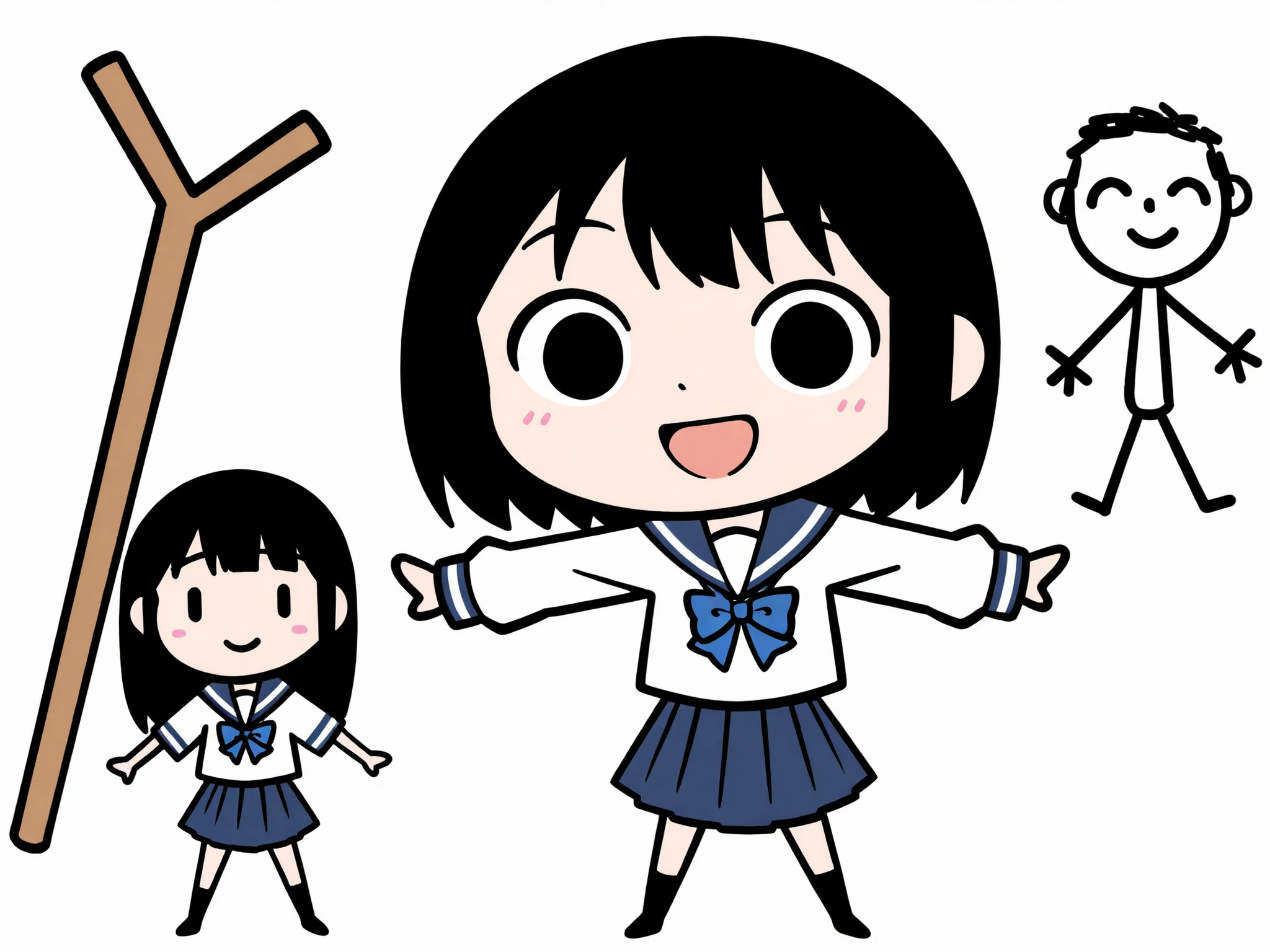 chibi character, simple drawing, stick figure style, anime style, school uniform, sailor uniform, blue ribbon, blue bow, pleated skirt, navy skirt, white blouse, long sleeves, short hair, black hair, straight hair, shoulder length hair, smiling character, open mouth, happy expression, simple face, minimal eyes, curved eyebrows, small mouth, minimalistic art, cute style, simplistic design, cartoon girl, female character, standing pose, arms out, front view, light skin, student outfit, japanese school uniform, seifuku, doodle art, digital drawing, minimalist anime, basic shading, flat colors, clean background, white background, vector-like, 2d illustration, outline art, cute expression, playful mood, casual pose, minimal details, blue color palette, kawaii style, stylized character, anime girl, sketchy outline, simple proportions, childlike drawing, rough outline, beginner style, cartoon proportions, student character, hand-drawn look, comic style, cute cartoon, adorable character, anime-inspired, character design, expressive pose, youthful design, smiling girl, friendly character, open arms, basic coloring, unshaded drawing, cute simplicity, simple anatomy, lighthearted expression, naive style, cute sketch, anime doodle, cartoon simplicity, happy mood, digital art, art sketch, thin lines, flat coloring, character focus, chibi girl, cartoon simplicity, anime student, doodle character, minimal anime, schoolgirl outfit, blue and white colors, basic design, cute art style, cheerful character, kawaii art, anime doodle, casual character, youth theme, simple charm, stick figure girl, cute schoolgirl, flat design, happy chibi,