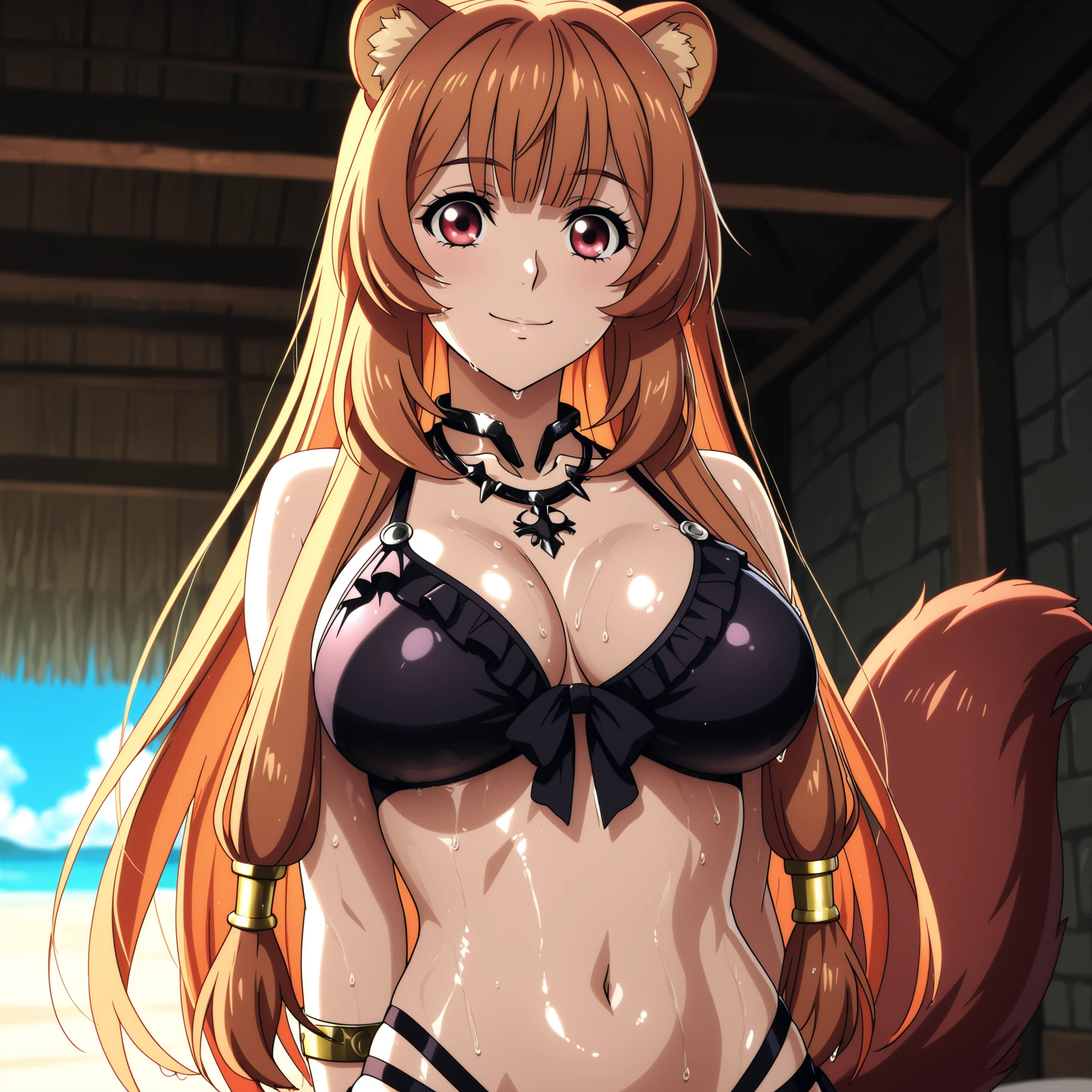 raphtalia , 20 years. red eyes, bright orange hair with rounded animal ears and a fluffy tail, slender breasts of the same color as her hair, slender figure and big breasts. she wears a detailed gothic bikini and wears gothic bracelets and a small gothic necklace. she walks along a beautiful paradisiacal beach of white sand and blue sky , Highly detailed anime art, vibrant lighting, and smooth , glossy skin. smile . wet body and hair. Selfi focus on the. 


