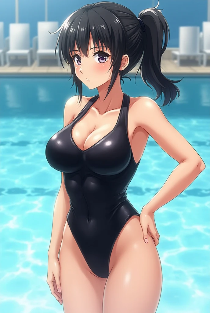 black hair bob cut woman, amazing big  and cat ears, laughter, red eyes and eyebrows, Glossy skin, Sunny coast, embarrassed face, One-piece swimsuit for competitive swimming, shoulder strap style, high leg cut, wet swimsuit, black swimsuit, Large pool