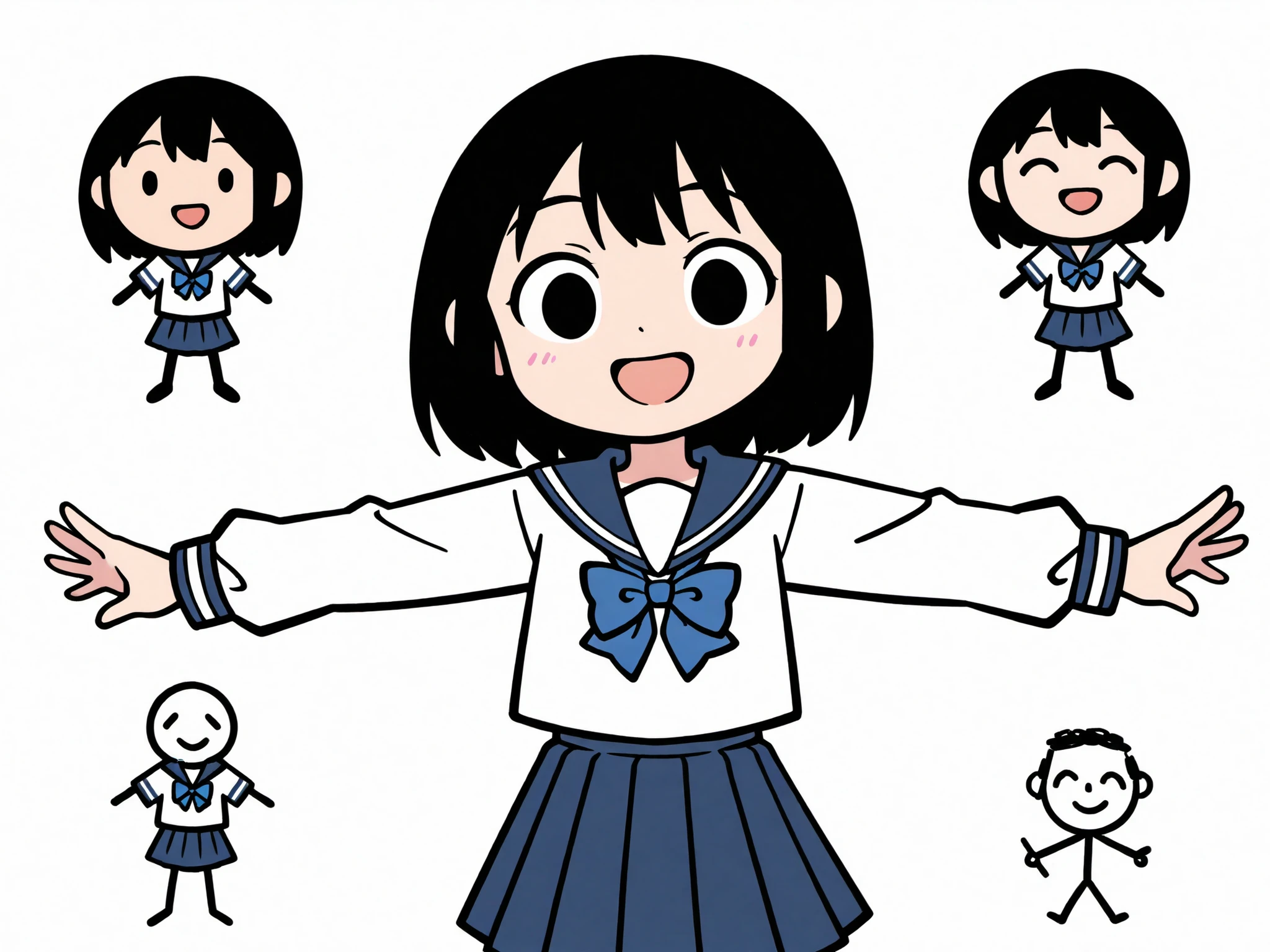 chibi character, simple drawing, stick figure style, anime style, school uniform, sailor uniform, blue ribbon, blue bow, pleated skirt, navy skirt, white blouse, long sleeves, short hair, black hair, straight hair, shoulder length hair, smiling character, open mouth, happy expression, simple face, minimal eyes, curved eyebrows, small mouth, minimalistic art, cute style, simplistic design, cartoon girl, female character, standing pose, arms out, front view, light skin, student outfit, japanese school uniform, seifuku, doodle art, digital drawing, minimalist anime, basic shading, flat colors, clean background, white background, vector-like, 2d illustration, outline art, cute expression, playful mood, casual pose, minimal details, blue color palette, kawaii style, stylized character, anime girl, sketchy outline, simple proportions, childlike drawing, rough outline, beginner style, cartoon proportions, student character, hand-drawn look, comic style, cute cartoon, adorable character, anime-inspired, character design, expressive pose, youthful design, smiling girl, friendly character, open arms, basic coloring, unshaded drawing, cute simplicity, simple anatomy, lighthearted expression, naive style, cute sketch, anime doodle, cartoon simplicity, happy mood, digital art, art sketch, thin lines, flat coloring, character focus, chibi girl, cartoon simplicity, anime student, doodle character, minimal anime, schoolgirl outfit, blue and white colors, basic design, cute art style, cheerful character, kawaii art, anime doodle, casual character, youth theme, simple charm, stick figure girl, cute schoolgirl, flat design, happy chibi,