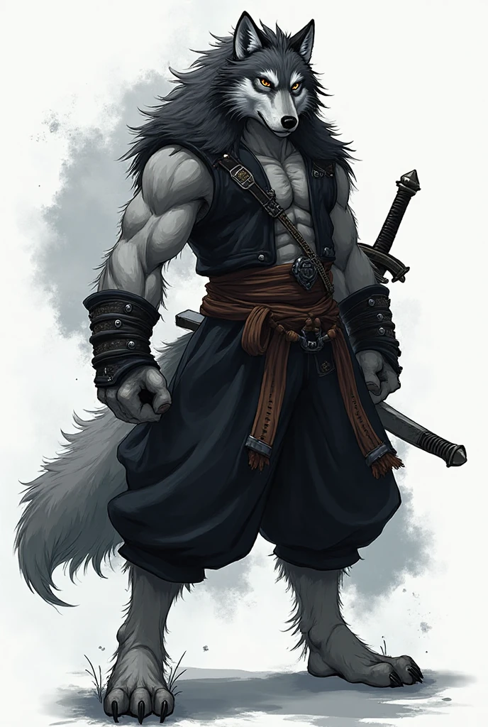 score_9, score_8_up, score_7_up, score_6_up, source_furry, lxw, wolf yaoguai, anthro, male, solo, beard, long ponytail, black topwear, chinese clothing, leather armor, unconvincing armor, arm wraps, necklace, loincloth, BREAK
lxw, wolf yaoguai, anthro, male, solo, chewing stick, pecs, half clothed, holding sword, holding shield, white background, standing, full-length portrait, pants,