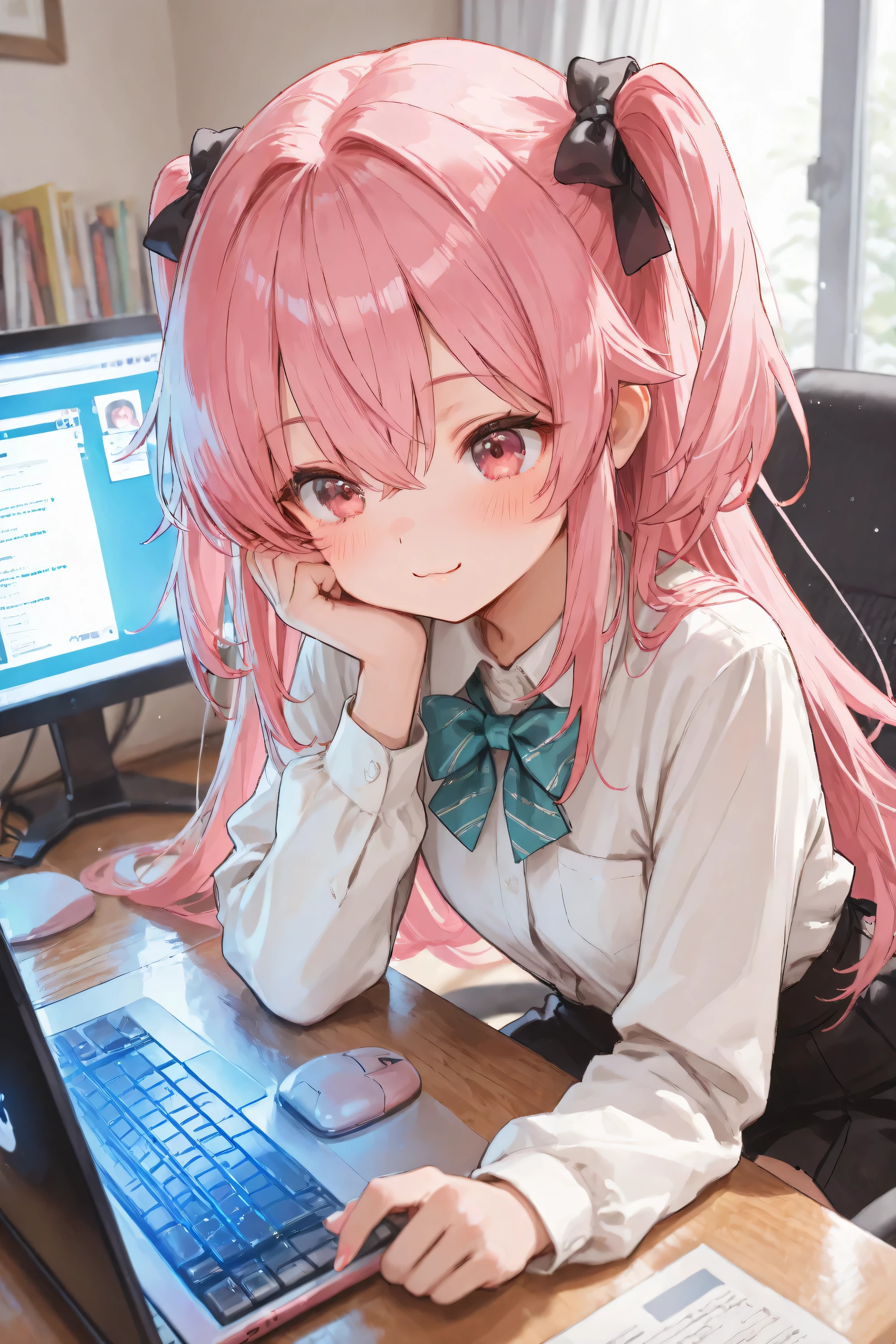 cute girl who is a stock trader。((目が💲マーク:1.2))。((Doing research on a computer:1.2))