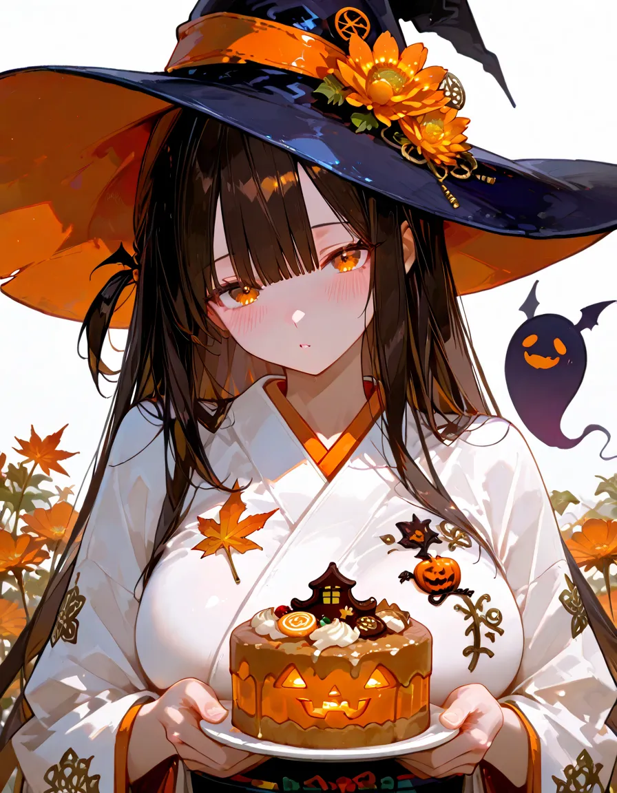 1girl,animal,black cat,black headwear,bow,candy,cat,flower,food,hair flower,hair ornament,halloween,hat,jack-o'-lantern,japanese clothes,kimono,lollipop,obi,orange bow,orange flower,orange ribbon,pumpkin,red flower,red rose,rose,spider web,striped,striped bow,striped kimono,striped ribbon,swirl lollipop,tail,tail bow,tail ornament,tail ribbon,vertical stripes,witch hat,yellow flower,yellow rose
