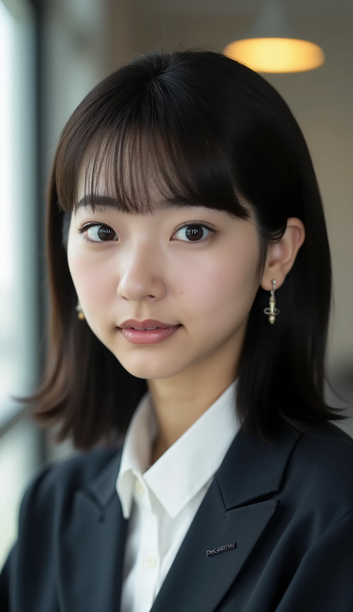 Neat Young Woman、looking at the camera、office lady suit、jacket、shirt、Ear piercings、薄い茶髪、 、、無表情、、face close-up、The background is office