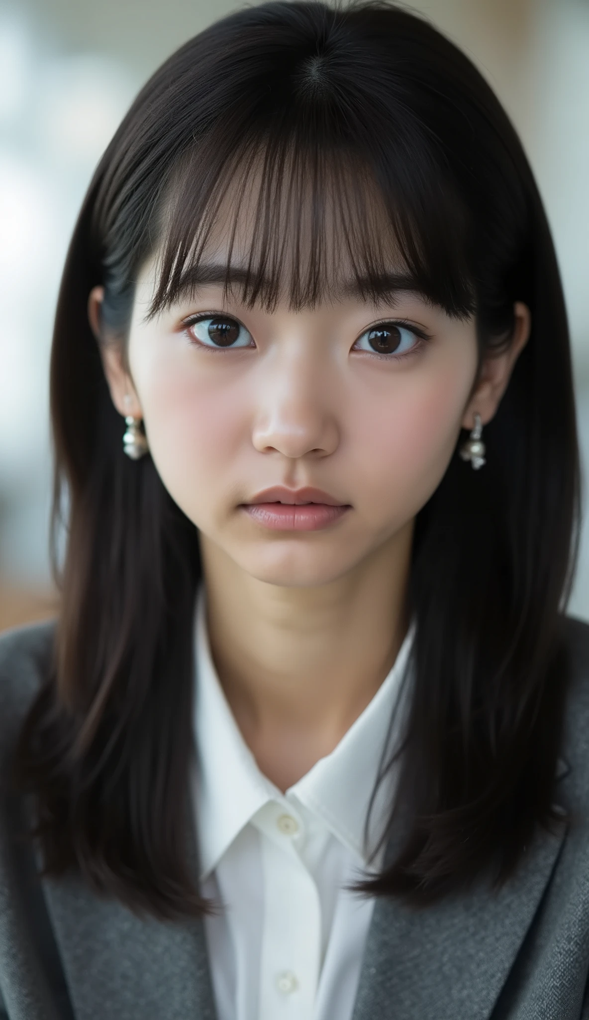 Neat Young Woman、looking at the camera、office lady suit、jacket、shirt、Ear piercings、薄い茶髪、 、、口を閉じた笑顔、、face close-up、The background is office
