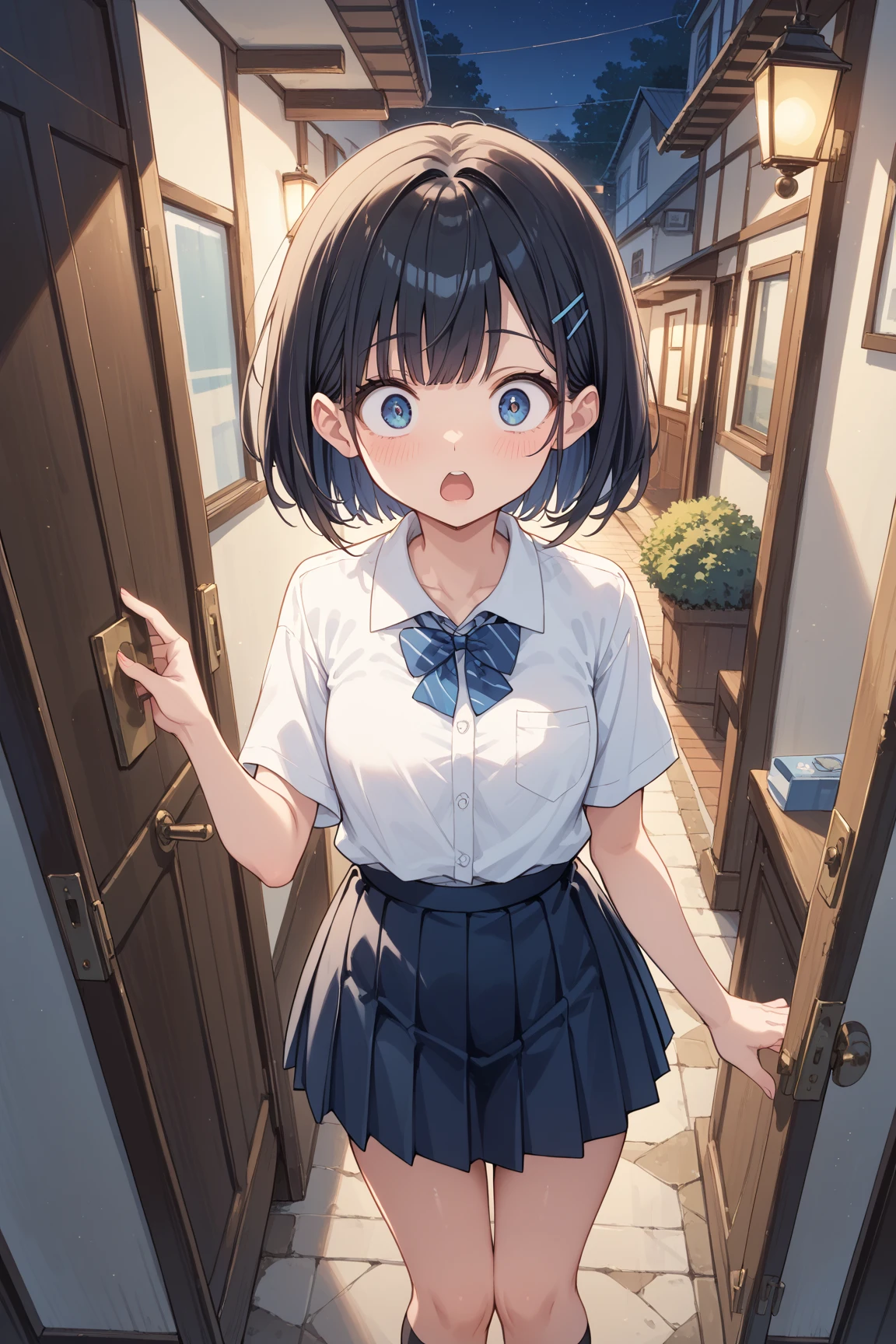 1girl, young teen girl, short girl, (hanabi hyuga), slim body, seducing expression, blue eyes, school uniform, short skirt, skirtlifting, white ?????, long straight hair, open door, black hair, doorway, rubbing eye, black hair, ?????? aroused, night time, bedroom, blushing red, embarassed, smile, necklace