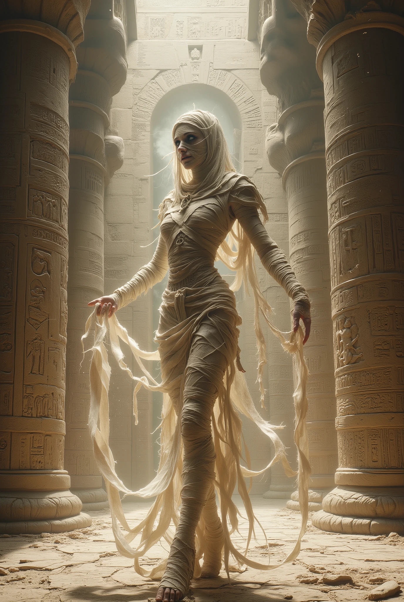 gorgeous bandaged woman dancing, tomb, mummy