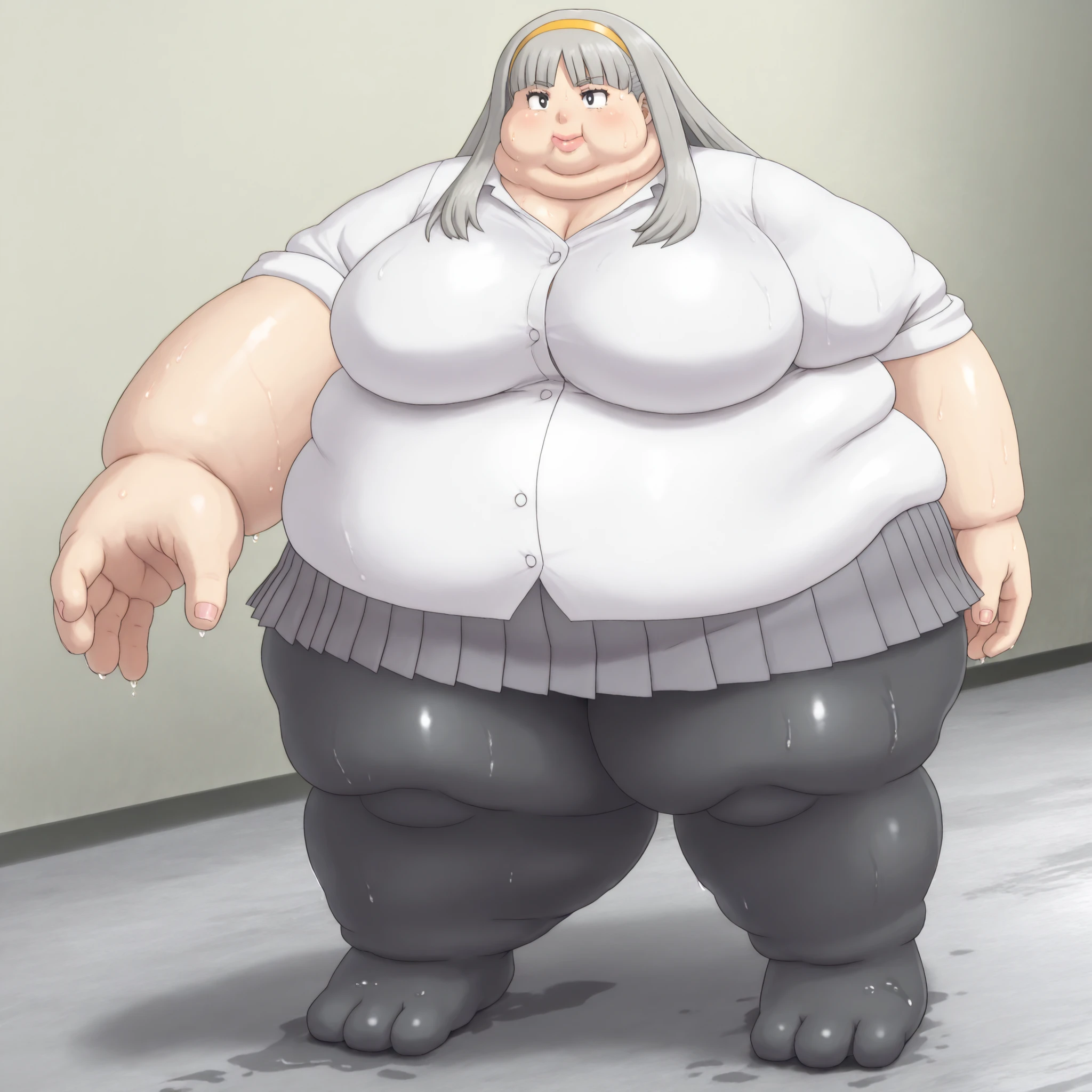 lips, thick lips, pokemon (creature), no humans, misonoinori,1girl,solo,pantyhose,long hair,hairband,skirt,school grey hair,black pantyhose,pleated skirt,smile,black eyes, blank_stare, empty_stare,  fat, chubby, obese, gigantic arms and legs, large breasts, sweating, wet body, swollen face, Fat_neck , Fat head , eyes with crushed cheeks , nose with crushed cheeks , mouth with crushed cheeks , chin roll,
only head, large head, oversized limbs, large hands, large feet, oversized feet, oversized fingers, big lips, plump lips, fat face, fupa, big fupa, fat fupa, 