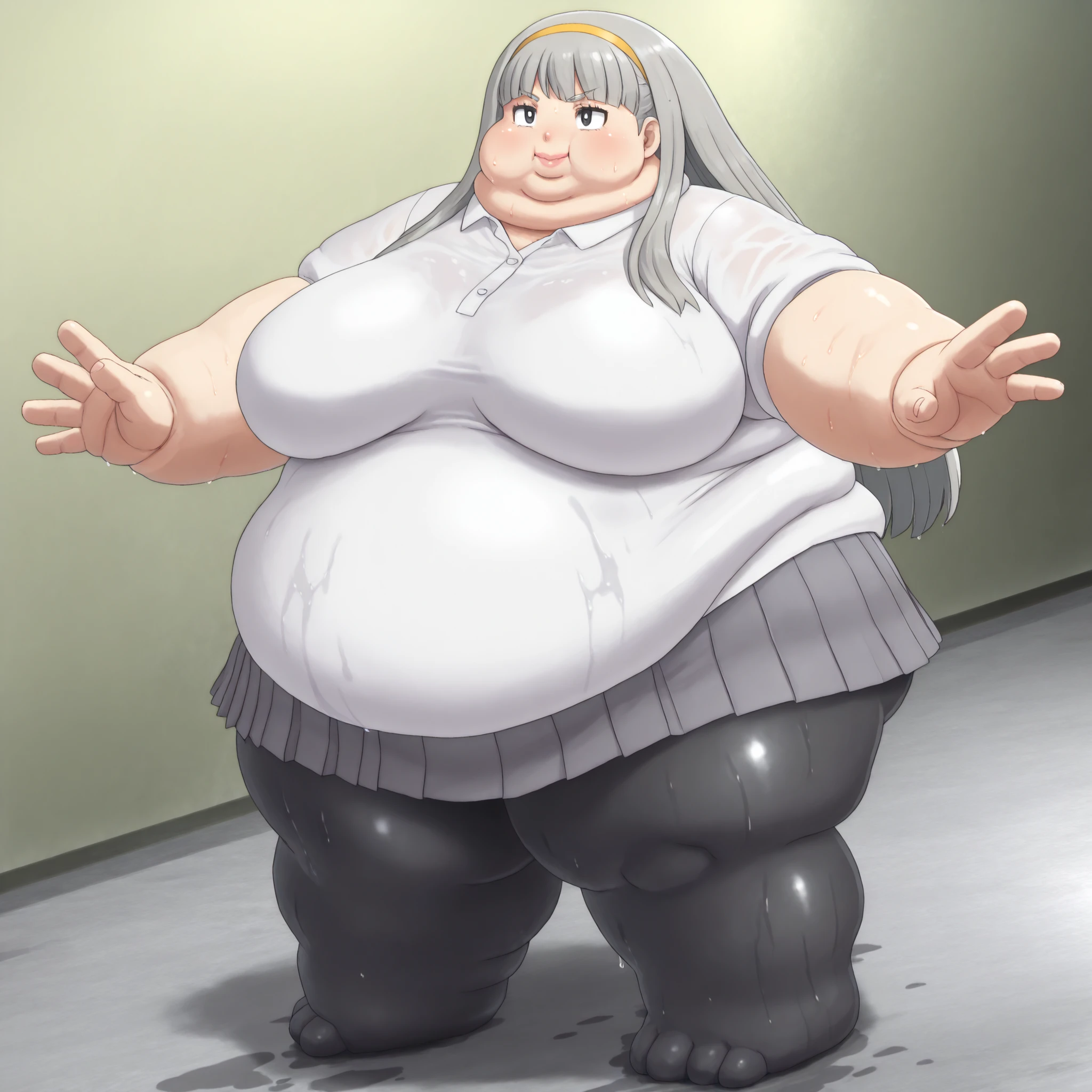 lips, thick lips, pokemon (creature), no humans, misonoinori,1girl,solo,pantyhose,long hair,hairband,skirt,school grey hair,black pantyhose,pleated skirt,smile,black eyes, blank_stare, empty_stare,  fat, chubby, obese, gigantic arms and legs, large breasts, sweating, wet body, swollen face, Fat_neck , Fat head , eyes with crushed cheeks , nose with crushed cheeks , mouth with crushed cheeks , chin roll,
only head, large head, oversized limbs, large hands, large feet, oversized feet, oversized fingers, big lips, plump lips, fat face, fupa, big fupa, fat fupa, 