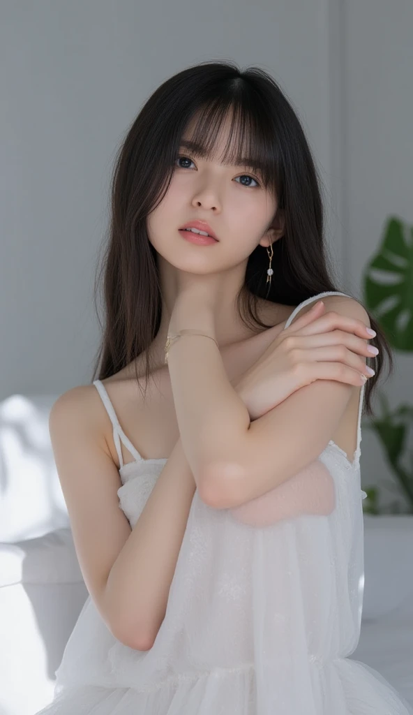 ((1girl)), in , instant camera flash, pose at bedroom with garden as a background, makeup with glossy lip, small breasts, (girl in the bedroom:1.4), various angle, ((faced focus)), 22 years old, Beautiful Korean Girl, standing pose, (:1.4), realistic light, realistic skin tone, (Jennie Blackpink)