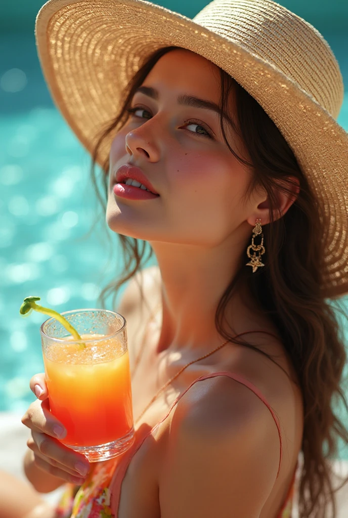 absurdres, highres, ultra detailed, 1girl, solo, extremely detailed eyes, starfish, seashell, shell, flower, hat, hair ornament, jewelry, straw hat, looking at viewer, sunglasses, hat flower, drinking straw, hairclip, earrings, red flower, tinted eyewear, yellow flower, bangs, english text, multicolored hair, orange flower, black hair, ring, cup, long hair, orange-tinted eyewear, food, brown hair, portrait, shell hair ornament