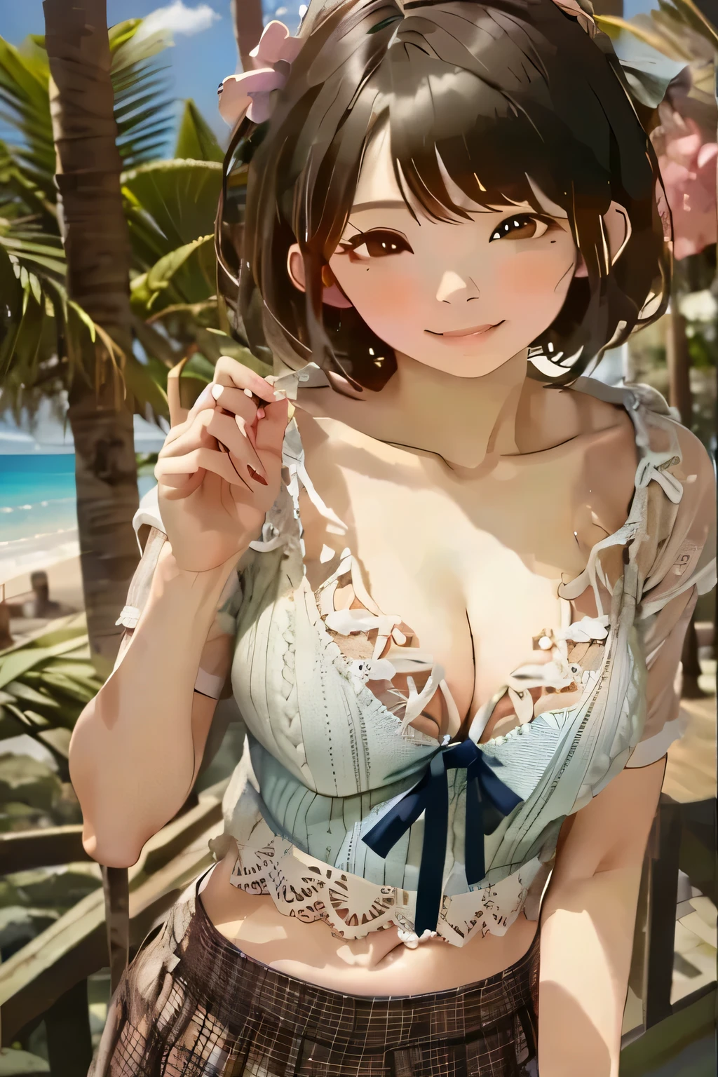 (top quality、masterpiece、very high resolution、Ultra high quality、High quality pixels)、perfect eyes, perfect face, alone，8k, F cup breasts，(Detailed description of hair), (Detailed description of face),(detailed description of body), Fair and translucent skin, gorgeous, long legs, facing the audience, Professional photography lighting，Detailed green eyeball, black hair，Girlfriend style，gentle expression, hair ribbon, hair band, Cowboy shooting，magazine cover, summer fashion clothing, magazine titles，short hair, girlfriend ssmile