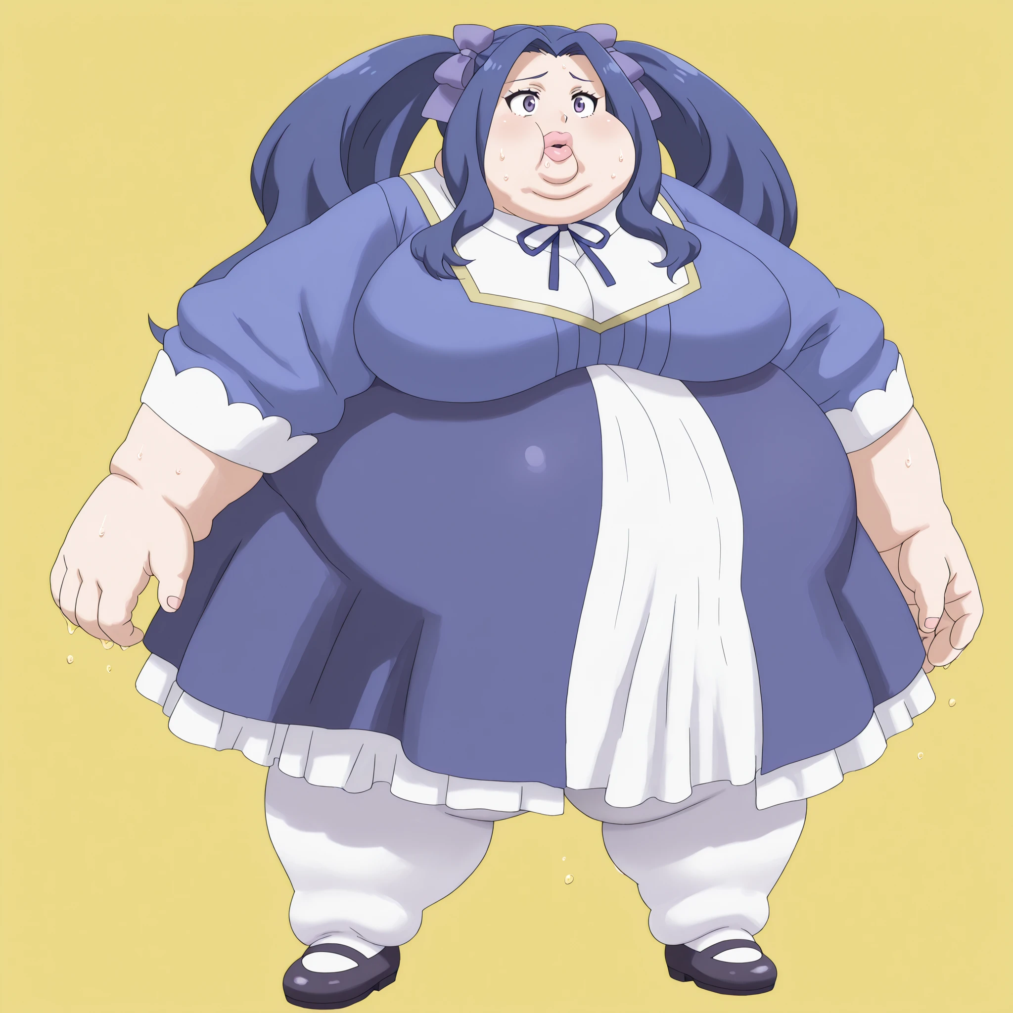 lips, thick lips, pokemon (creature), no humans, 1girl, solo, meltyqm, blue dress, neck ribbon, hair bow, white pantyhose, mary janes, blank_stare, empty_stare,  fat, chubby, obese, gigantic arms and legs, large breasts, sweating, wet body, swollen face, Fat_neck , Fat head , eyes with crushed cheeks , nose with crushed cheeks , mouth with crushed cheeks , chin roll,
only head, large head, oversized limbs, large hands, large feet, oversized feet, oversized fingers, big lips, plump lips, fat face, fupa, big fupa, fat fupa, 