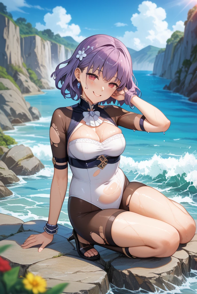 　High level image quality　best image quality　8K　 adult woman    pool party  rain　palm trees  more colors   whole body view　portrait　 ??????   　horn    ears  　short hair（（shortcut）（gray hair）（perm）（fluffy））　eye color is blue ,  , 　attractive evil face , smile   ,  ???? pose   ,  labrynth ,  barearm    , wearing robe  , sitting on person by the pool , crossed legs  , all wet , view foot arc