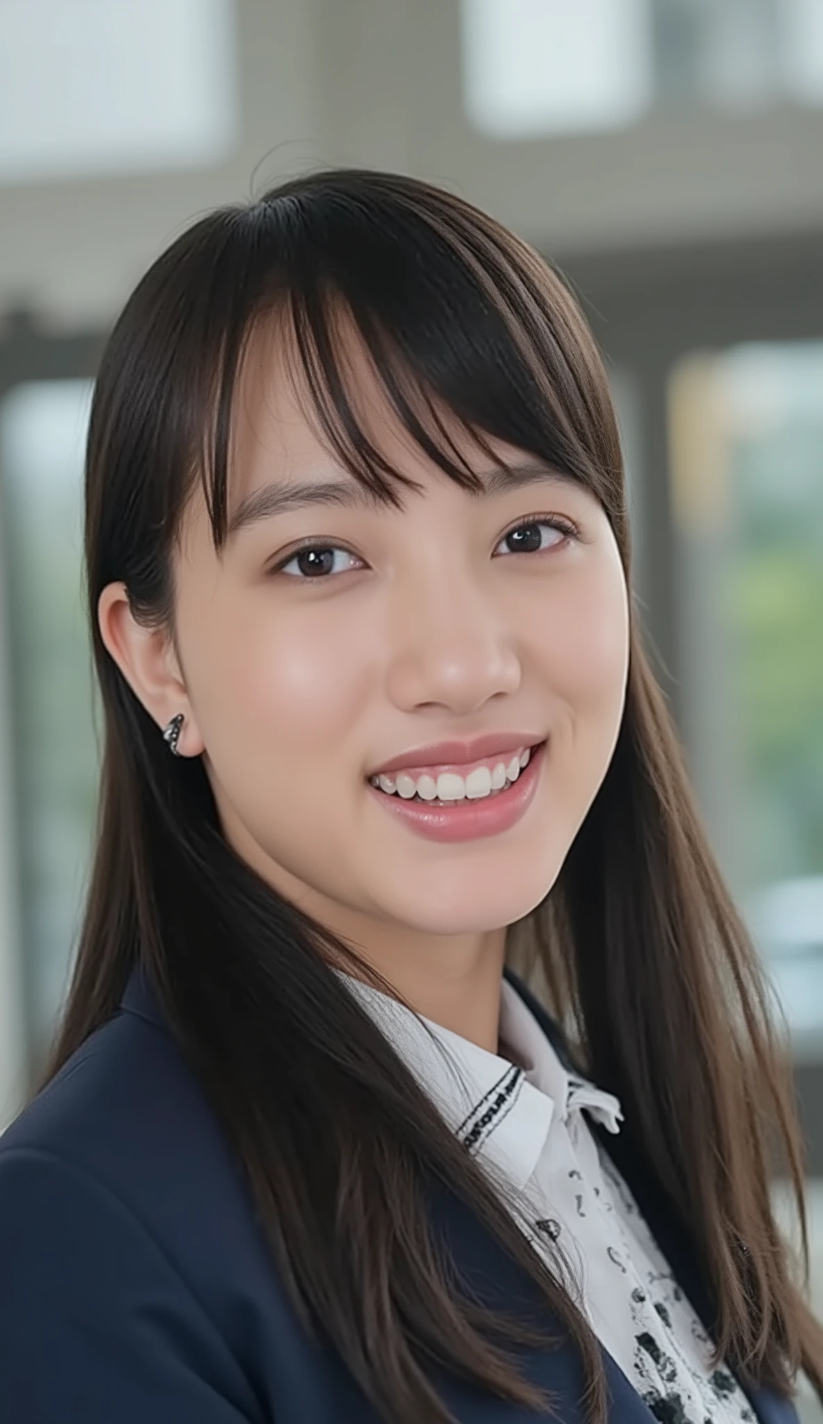 Neat Young Woman、looking at the camera、office lady suit、jacket、shirt、Ear piercings、、 、、smile showing teeth、big smile、face close-up、The background is office