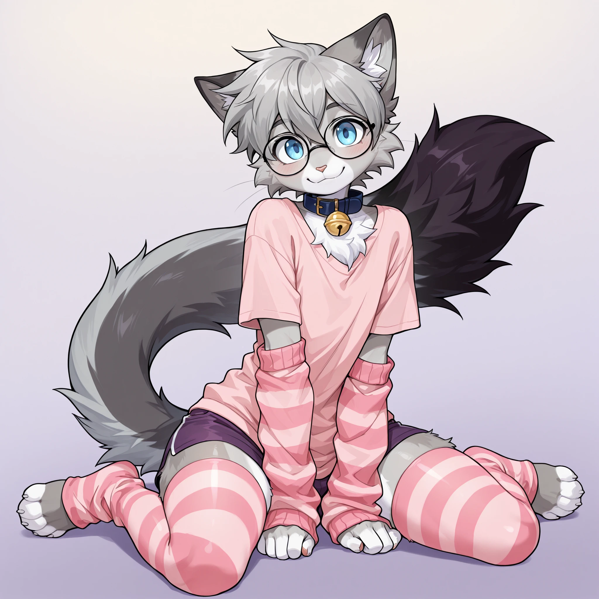 score_9, score_8_up, score_7_up, score_6_up, score_5_up, score_4_up, masterpiece, high quality, detailed, best quality, domestic cat, felid, feline, felis, egyptian mau, furry, anthro, nixuelle, grey fur, white fur, multicolored fur, grey hair, blue eyes, tail, fluffy tail, glasses, blue bell collar, 4 toes, male, 1boy, femboy, solo, pink shirt, pink striped thigh-highs, pink striped arm warmers, dark purple shorts, happy, sitting on the floor, looking at viewer, purple gradient background