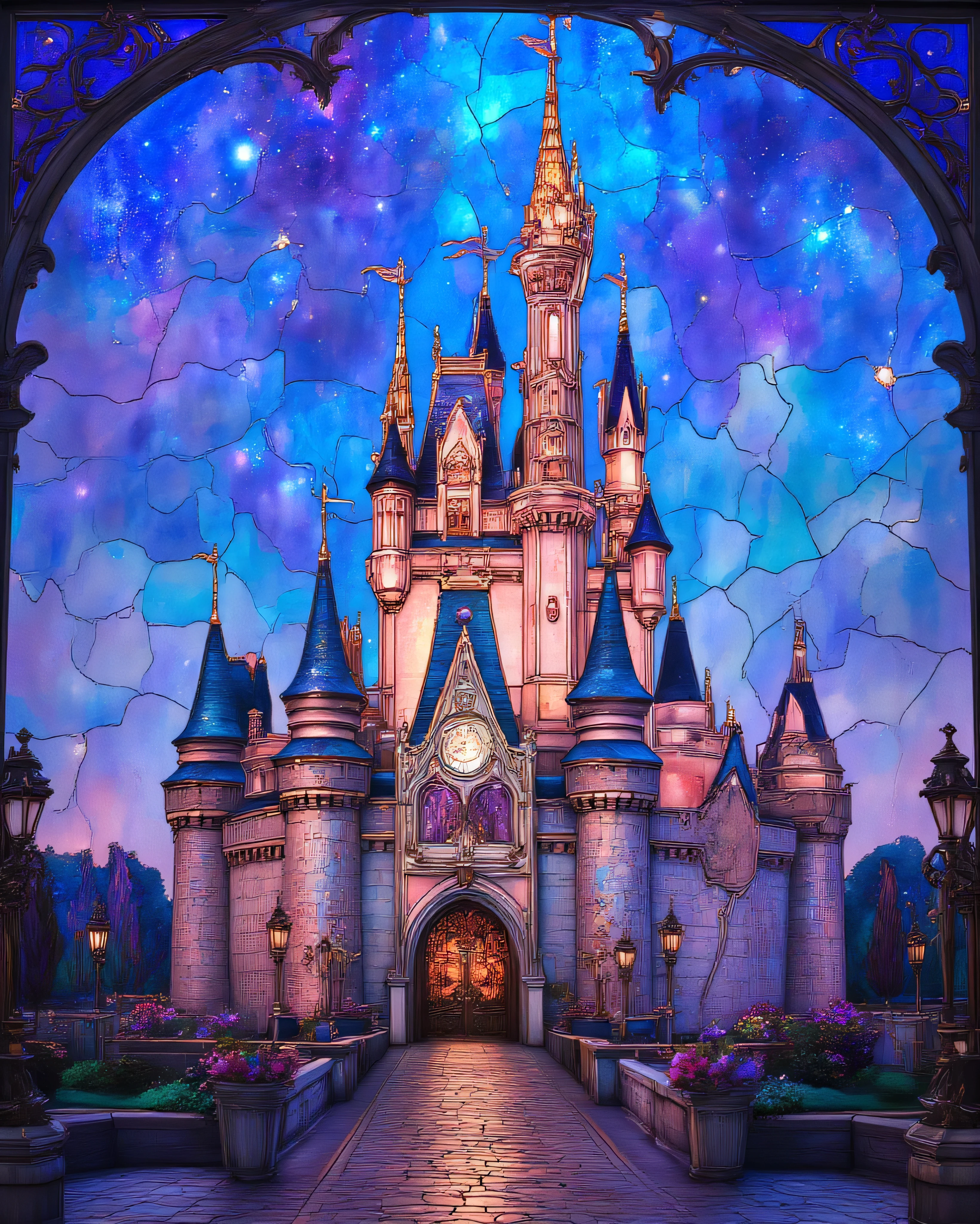 ArsMJStyle, (Stained Glass),(Highest Quality)))、(super high image quality with rice bowl)、(Super Detailed)、(Detailed explanation)、( best CG ))、(masterpiece)、((stained glass style))、The huge Cinderella Castle with a clock tower in the center of the park is expressed in stained glass style,The castle spire is light blue、空には赤色と青色の2つの月がstained glass styleで表現されている、夜空には満点の星ががstained glass styleで表現されている、The glass20Split、and have the texture of sparkling stained glass、fantastic space、It shines like glass、