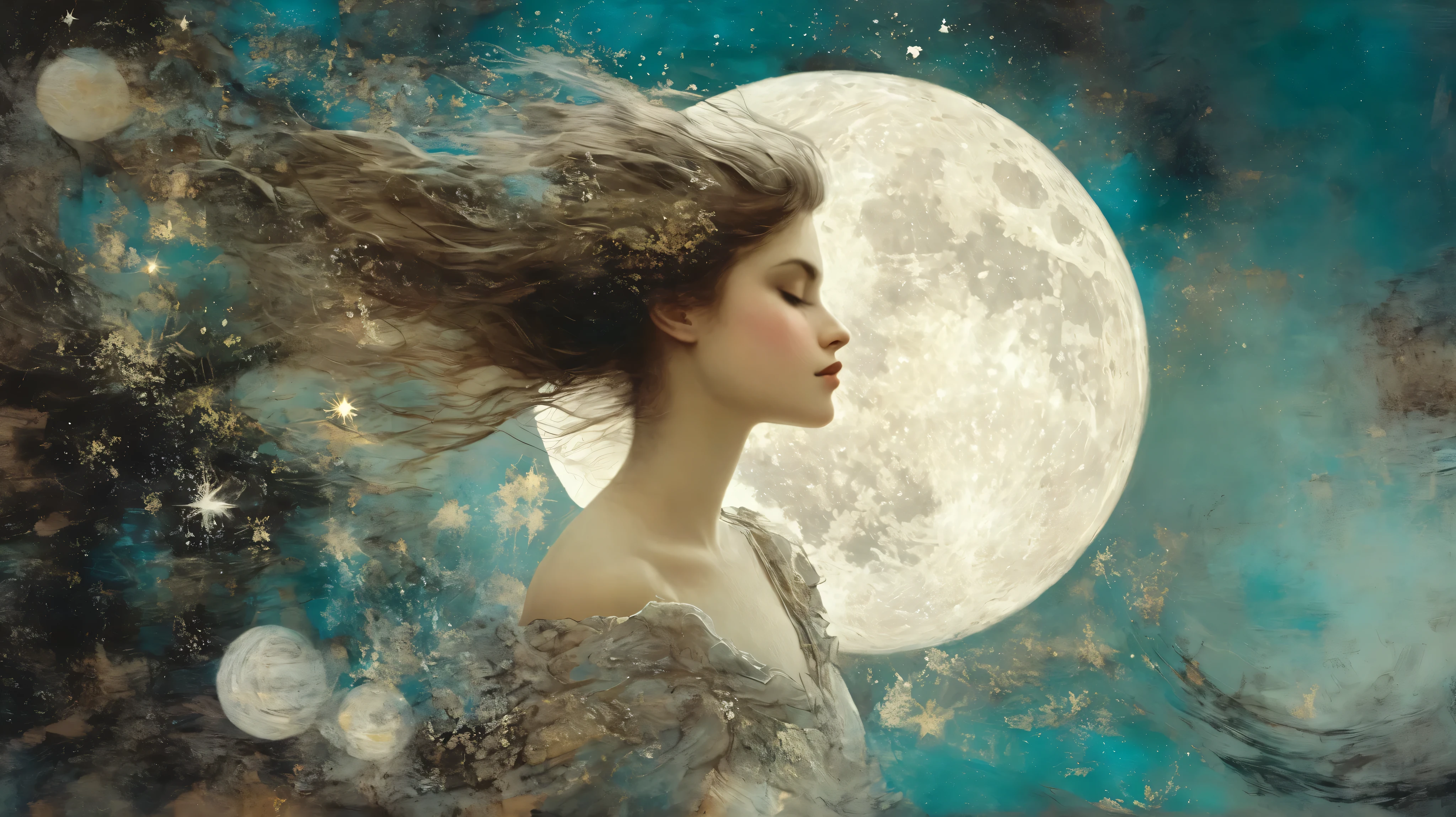 layered, exploration, girl, incantation, moon, starlit, whimsy mood, moody colors by Georges Clairin