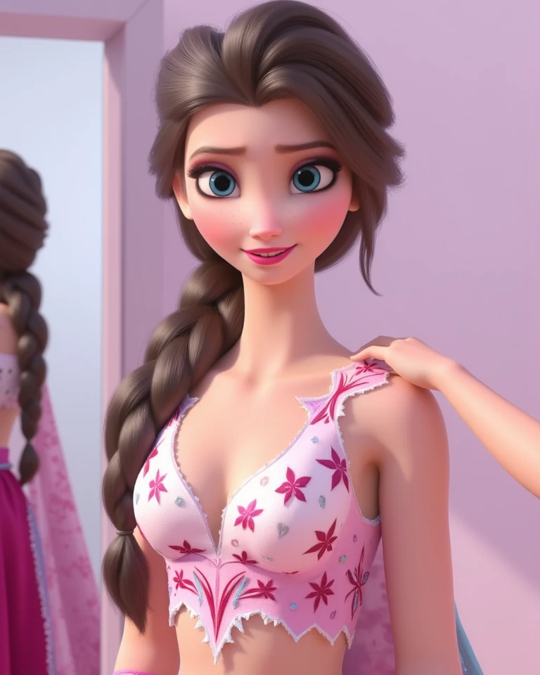 Generate a 3D 10 year old model of a Disney character with brown hair and brown eyes, wearing neon dress, radiant and happy. The model must be detailed enough to support 16K resolution, capturing the character'its joyful and vibrant essence.