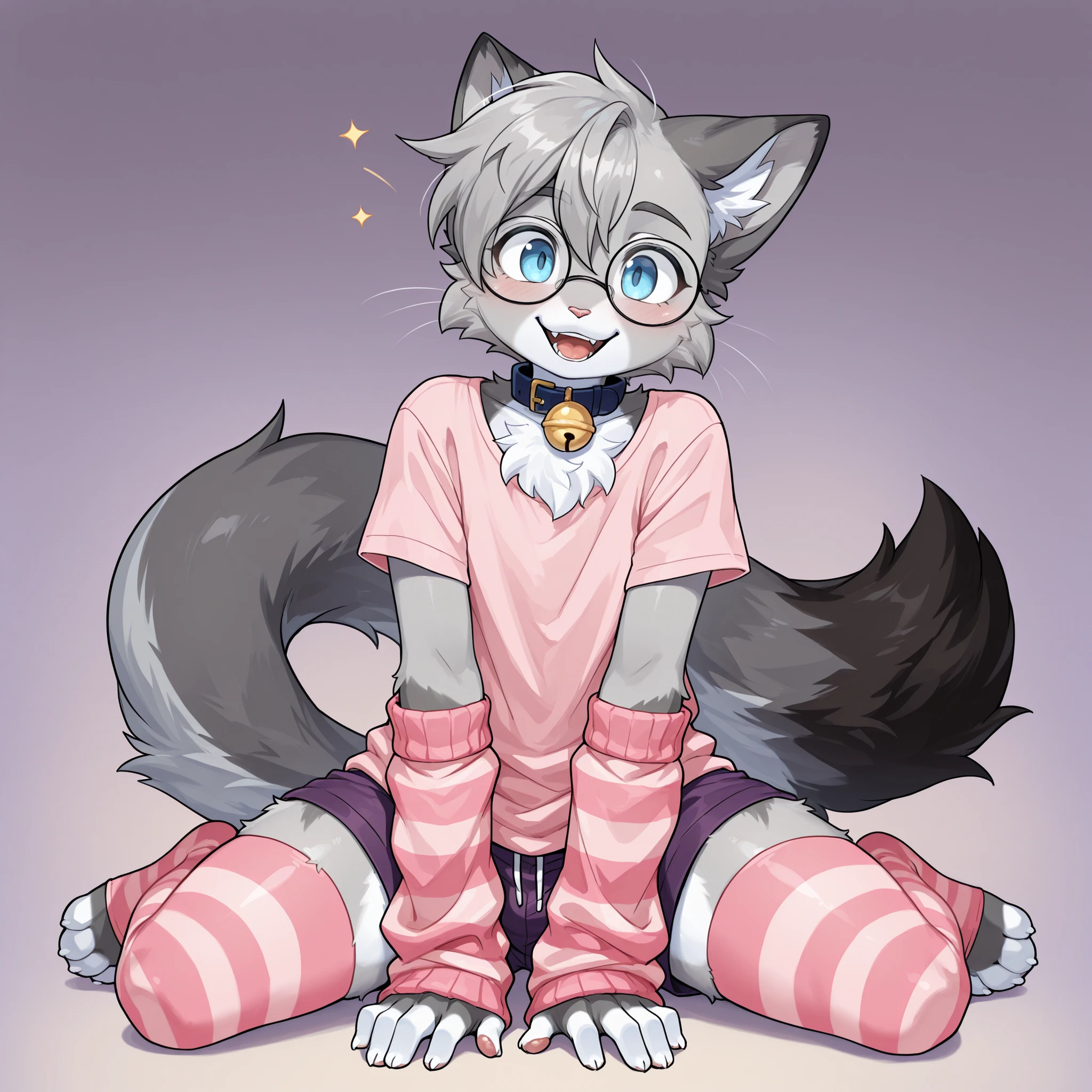 score_9, score_8_up, score_7_up, score_6_up, score_5_up, score_4_up, masterpiece, high quality, detailed, best quality, domestic cat, felid, feline, felis, egyptian mau, furry, anthro, nixuelle, grey fur, white fur, multicolored fur, grey hair, blue eyes, tail, fluffy tail, glasses, blue bell collar, 4 toes, male, 1boy, femboy, solo, pink shirt, pink striped thigh-highs, pink striped arm warmers, dark purple shorts, happy, sitting on the floor, looking at viewer, purple gradient background