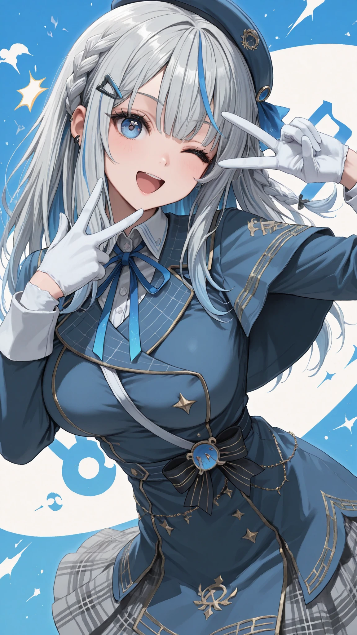 Highest Quality, masterpiece, 1girl, Do you have , long hair, striped hair, gray hair, braids, beret, blue hat, ear piercing, Blue Eyes, blue cape, neck ribbon, collared shirt, blue jacket, long sleeves, white gloves, pleated skirt at the entertainment office, gray skirt,  peace sign, v, one eye closed, smile, opens her mouth, Journal Cover,