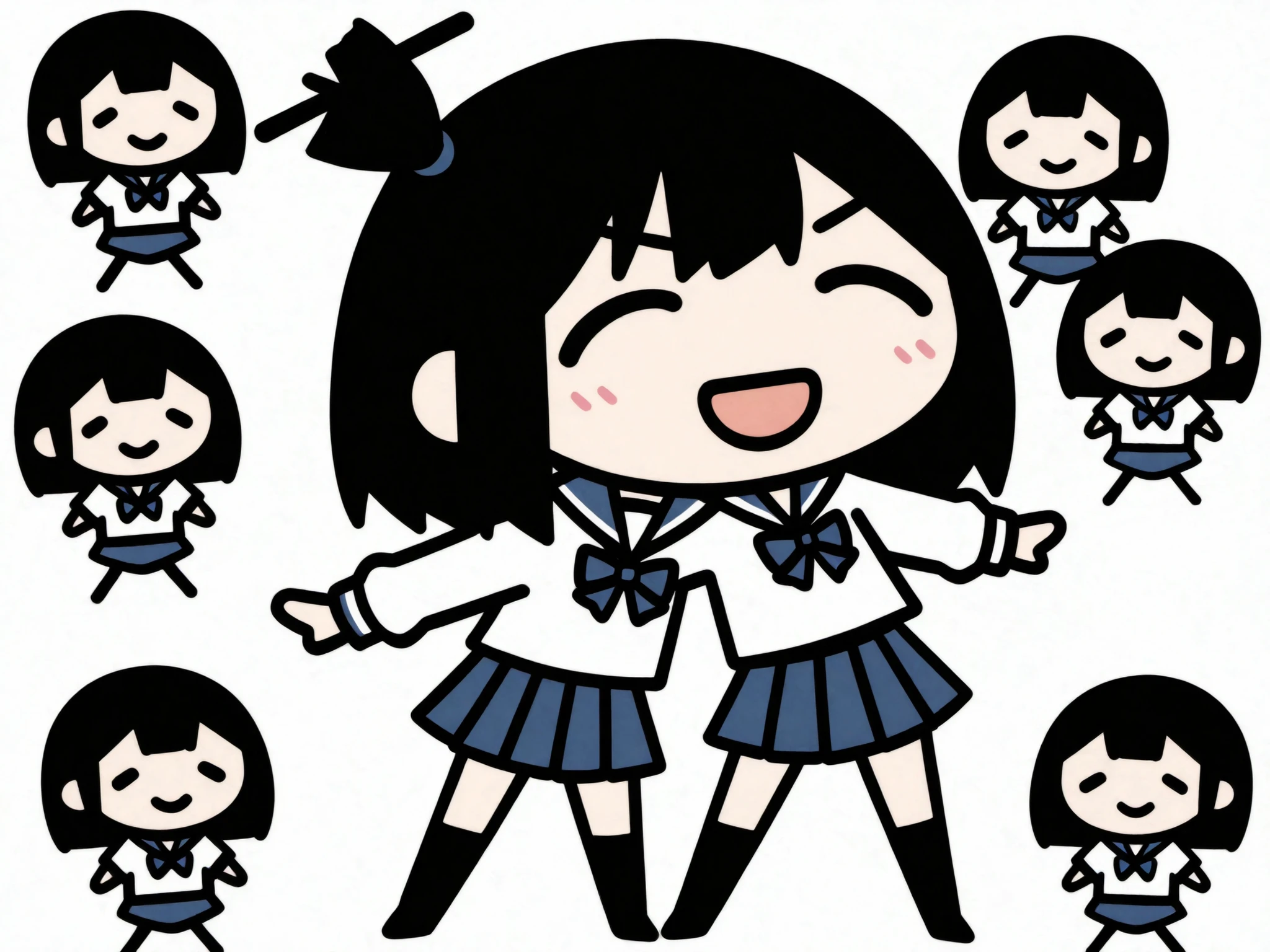chibi character, simple drawing, stick figure style, anime style, school uniform, sailor uniform, blue ribbon, blue bow, pleated skirt, navy skirt, white blouse, long sleeves, short hair, black hair, straight hair, shoulder length hair, smiling character, open mouth, happy expression, simple face, minimal eyes, curved eyebrows, small mouth, minimalistic art, cute style, simplistic design, cartoon girl, female character, standing pose, arms out, front view, light skin, student outfit, japanese school uniform, seifuku, doodle art, digital drawing, minimalist anime, basic shading, flat colors, clean background, white background, vector-like, 2d illustration, outline art, cute expression, playful mood, casual pose, minimal details, blue color palette, kawaii style, stylized character, anime girl, sketchy outline, simple proportions, childlike drawing, rough outline, beginner style, cartoon proportions, student character, hand-drawn look, comic style, cute cartoon, adorable character, anime-inspired, character design, expressive pose, youthful design, smiling girl, friendly character, open arms, basic coloring, unshaded drawing, cute simplicity, simple anatomy, lighthearted expression, naive style, cute sketch, anime doodle, cartoon simplicity, happy mood, digital art, art sketch, thin lines, flat coloring, character focus, chibi girl, cartoon simplicity, anime student, doodle character, minimal anime, schoolgirl outfit, blue and white colors, basic design, cute art style, cheerful character, kawaii art, anime doodle, casual character, youth theme, simple charm, stick figure girl, cute schoolgirl, flat design, happy chibi,