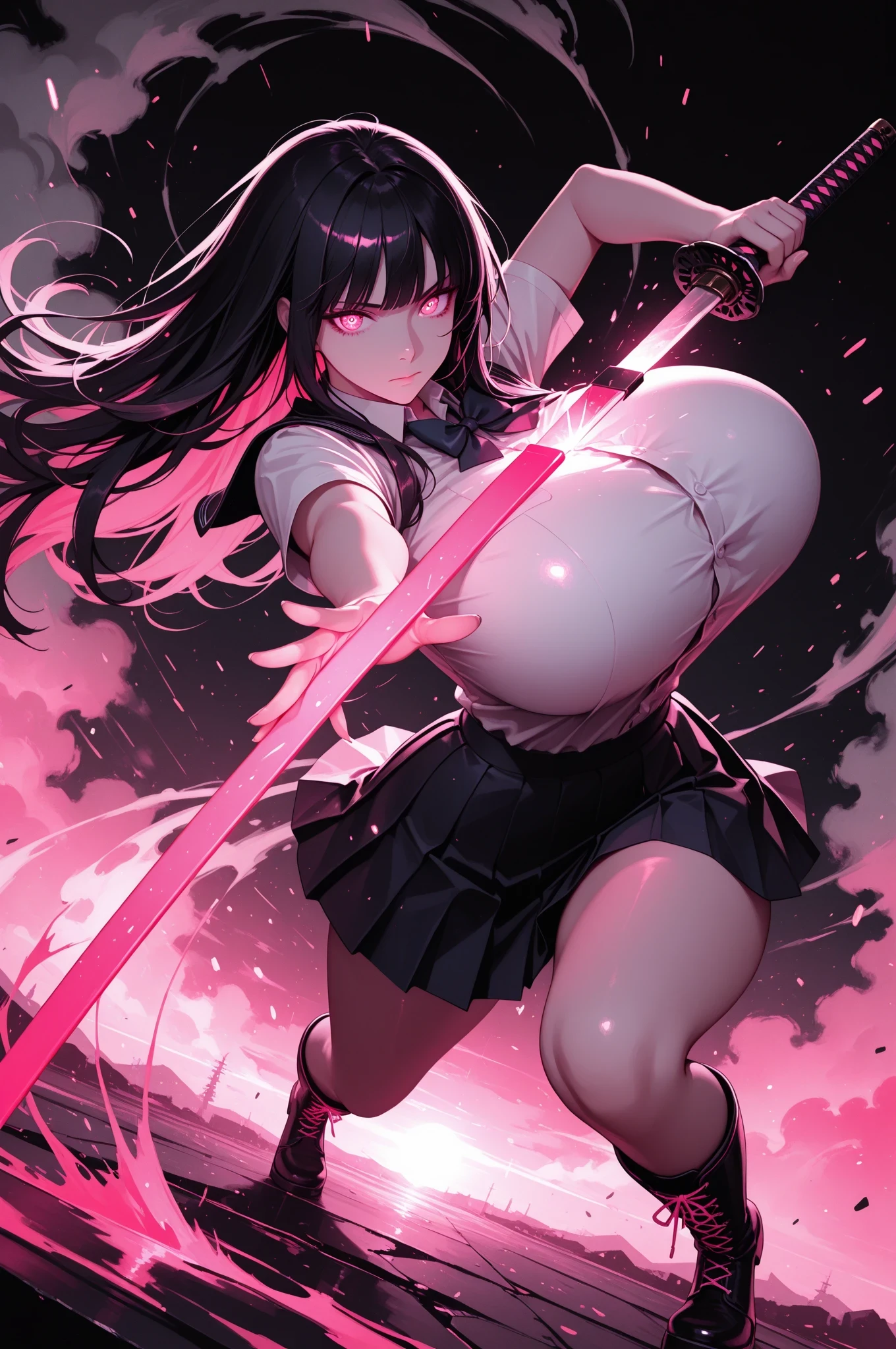 (((Masterpiece))), top Quality, dynamic composition, 1girl, hand on katana, unsheathing, school uniform, solo, black hair, looking at viewer, bangs, fuchsia eyes, long hair, closed mouth, embers, black background, boots, dynamic pose, dutch angle,foreshortening, twilight, glowing, ink background, abstract background, bright colors, dark, pink theme, gray smoke, neon trim, ,