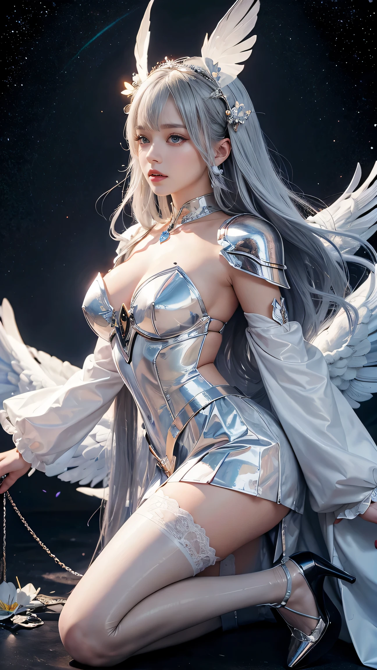 (Obra maestra:1.2), Mejor calidad, (illustration:1.2), (ultra detallado), hiper detalles, (delicado detallado), (detalles intrincados), (cinematic light, Mejor calidad Backlights), Delete line, solista, Cuerpo perfecto, (1 chica), Masterpiece digital painting angel ultra detailed, glowing ribbon dressing,gothic style red and black carved heart adorned by thornes, blurred mysterious background with goldrn lightning,Masterpiece dark fantasy by luis Royo art, 32k, HD,ultra definition hair,Visualize a (((powerful full figure))) adorned with intricate, steampunk-inspired (((mechanical wings))),extra long nails perfec, hands perfect,shiny black leather long pants,most beatiful soft,such as the (((pale blue sky))), delicate flowers in (((white and pale colors))), ornate patterns reminiscent of Baroque inspiration, with a resplendent light that gives off a vintage vibe. The subject's hair is shown as (((white as snow))), evoking the unique features of Junji Ito's work. Meanwhile, Michael Hussar's (((striking eyes))) and Mab Graves,Picture a beautiful woman with her body entwined and adorned with glowing fairy lights, casting a soft, enchanting glow around her, creating a mesmerizing and magical scene.", (constituir), alto contraste, (mejor iluminacion, un extremadamente creado y hermoso), (cinematic light), vistoso,