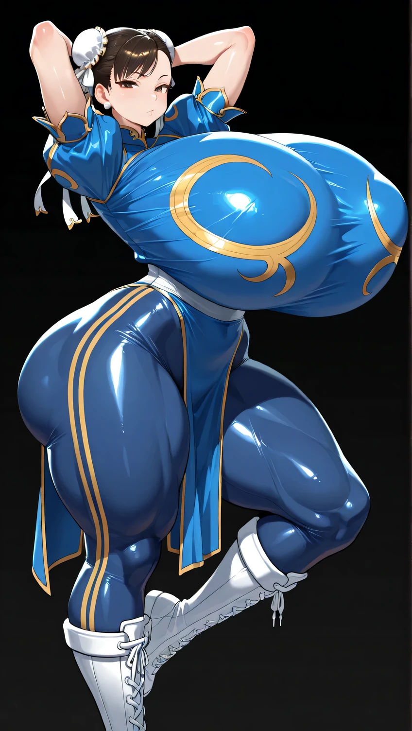 全裸の　Chun-Li, (((gigantic breasts:1.5))), tight hips, thick thighs, pose, Black background, masterpiece, amazing quality, best quality, Hyperdetailed 裸　オッパイ丸出しの巨大乳首
