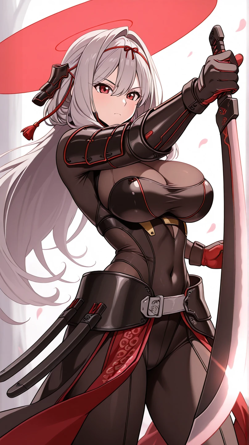 1girl, white hair, ?????????????, thick thighs, leotard, knife, red eyes, black leotard, epaulettes, mature female, milf, toned, athletic female, standing