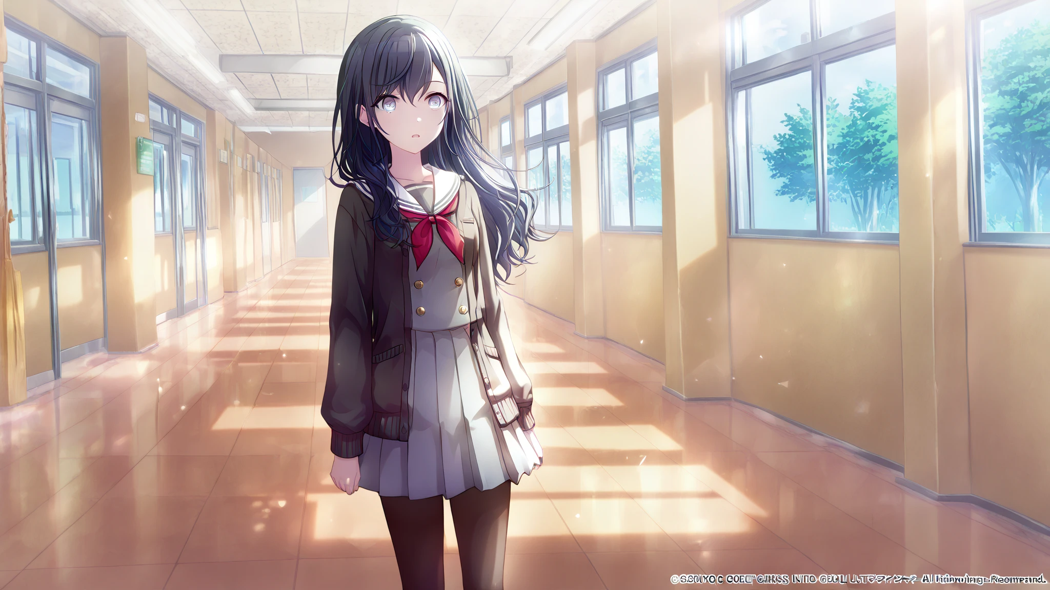 Animated teenage girl with medium long straight black hair and two high ponytails and while the rest of her hair the back is loose and with purple eyes and wears a black blazer, a sleeveless beige sweater , a white shirt, a red ribbon , a grey skirt, knee-length white socks and dark brown shoes and holding a TV remote control and white background and full body