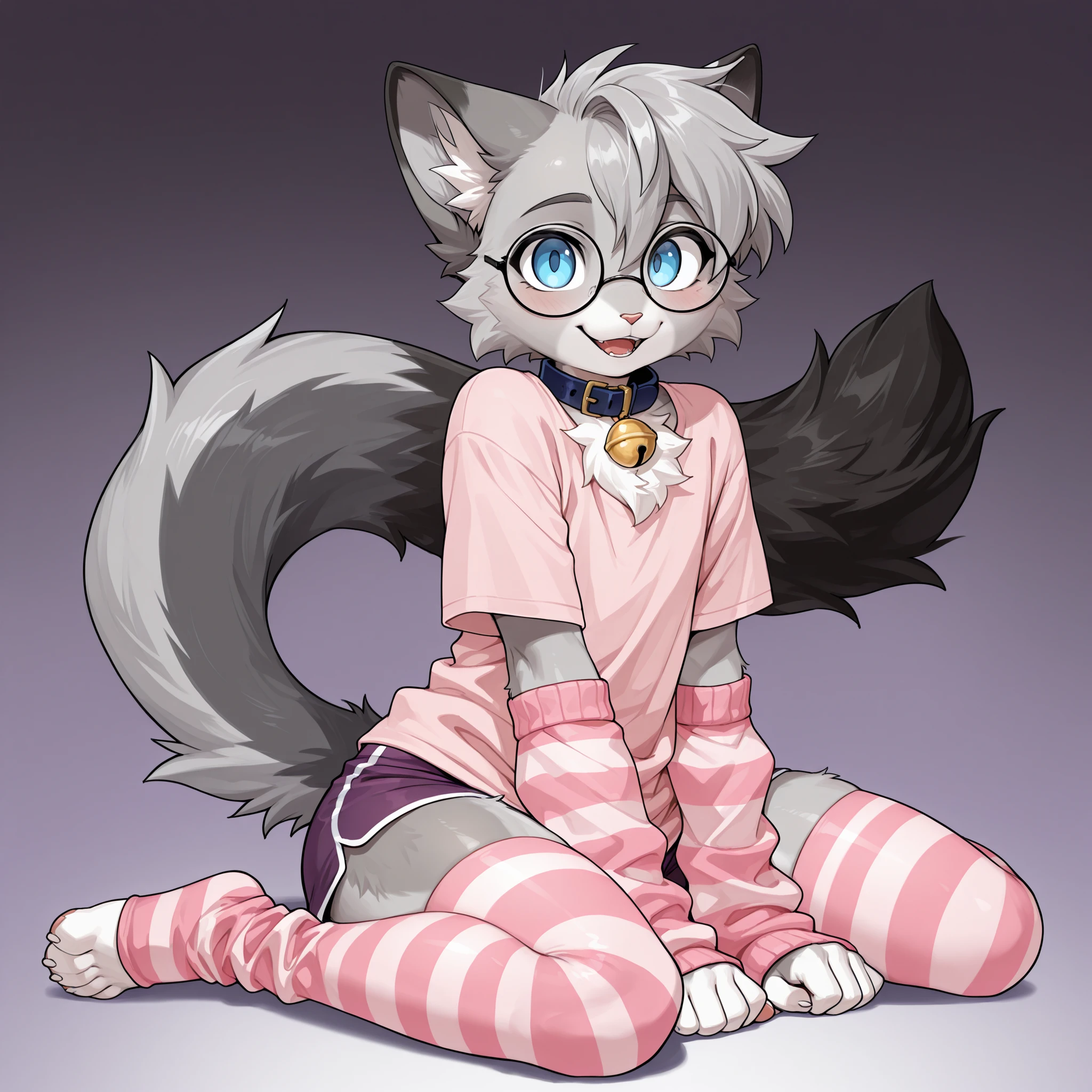 score_9, score_8_up, score_7_up, score_6_up, score_5_up, score_4_up, masterpiece, high quality, detailed, best quality, domestic cat, felid, feline, felis, egyptian mau, furry, anthro, nixuelle, grey fur, white fur, multicolored fur, grey hair, blue eyes, tail, fluffy tail, glasses, blue bell collar, 4 toes, male, 1boy, femboy, solo, pink shirt, pink striped thigh-highs, pink striped arm warmers, dark purple shorts, happy, sitting on the floor, looking at viewer, purple gradient background