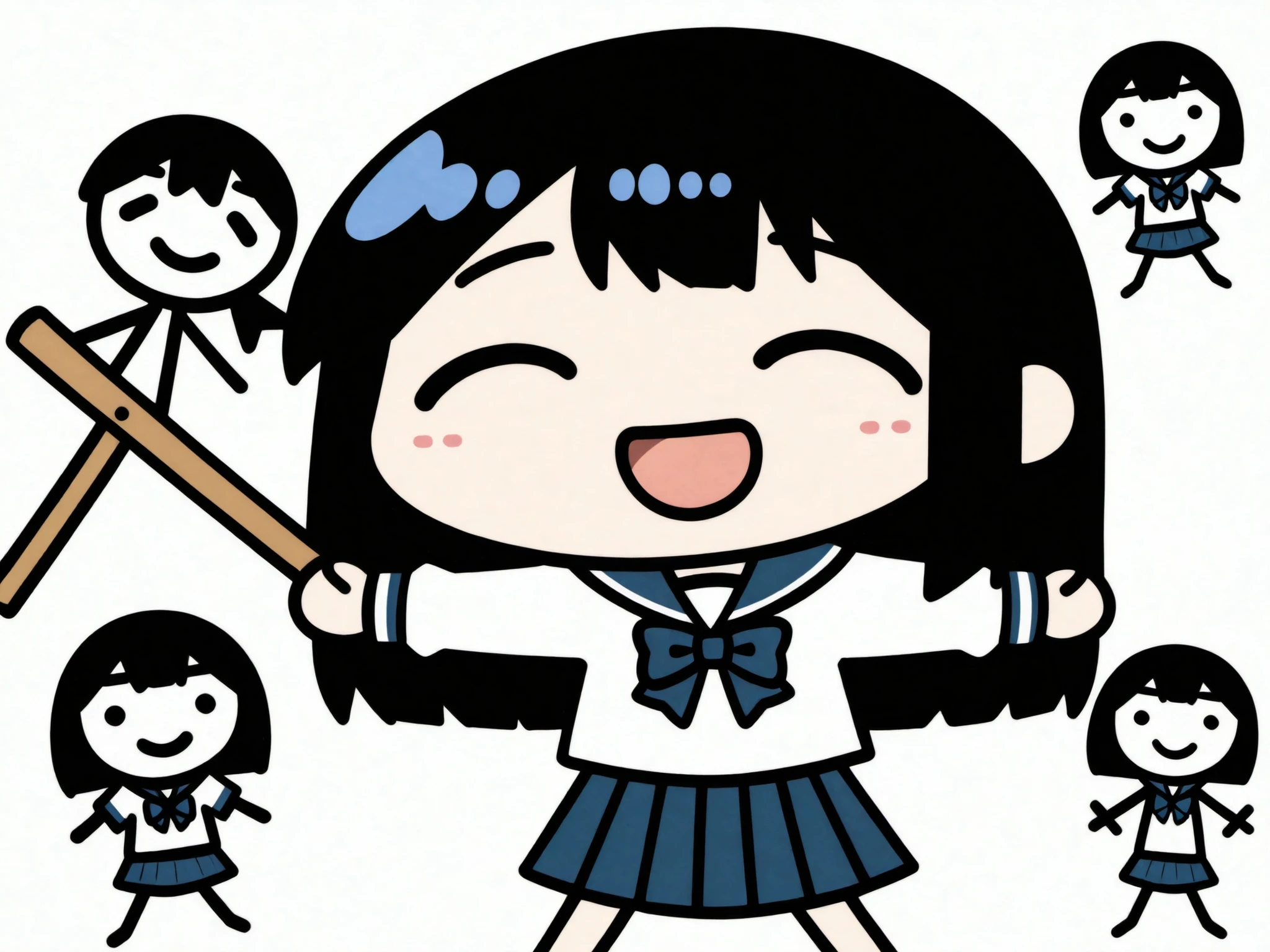 chibi character, simple drawing, stick figure style, anime style, school uniform, sailor uniform, blue ribbon, blue bow, pleated skirt, navy skirt, white blouse, long sleeves, short hair, black hair, straight hair, shoulder length hair, smiling character, open mouth, happy expression, simple face, minimal eyes, curved eyebrows, small mouth, minimalistic art, cute style, simplistic design, cartoon girl, female character, standing pose, arms out, front view, light skin, student outfit, japanese school uniform, seifuku, doodle art, digital drawing, minimalist anime, basic shading, flat colors, clean background, white background, vector-like, 2d illustration, outline art, cute expression, playful mood, casual pose, minimal details, blue color palette, kawaii style, stylized character, anime girl, sketchy outline, simple proportions, childlike drawing, rough outline, beginner style, cartoon proportions, student character, hand-drawn look, comic style, cute cartoon, adorable character, anime-inspired, character design, expressive pose, youthful design, smiling girl, friendly character, open arms, basic coloring, unshaded drawing, cute simplicity, simple anatomy, lighthearted expression, naive style, cute sketch, anime doodle, cartoon simplicity, happy mood, digital art, art sketch, thin lines, flat coloring, character focus, chibi girl, cartoon simplicity, anime student, doodle character, minimal anime, schoolgirl outfit, blue and white colors, basic design, cute art style, cheerful character, kawaii art, anime doodle, casual character, youth theme, simple charm, stick figure girl, cute schoolgirl, flat design, happy chibi,