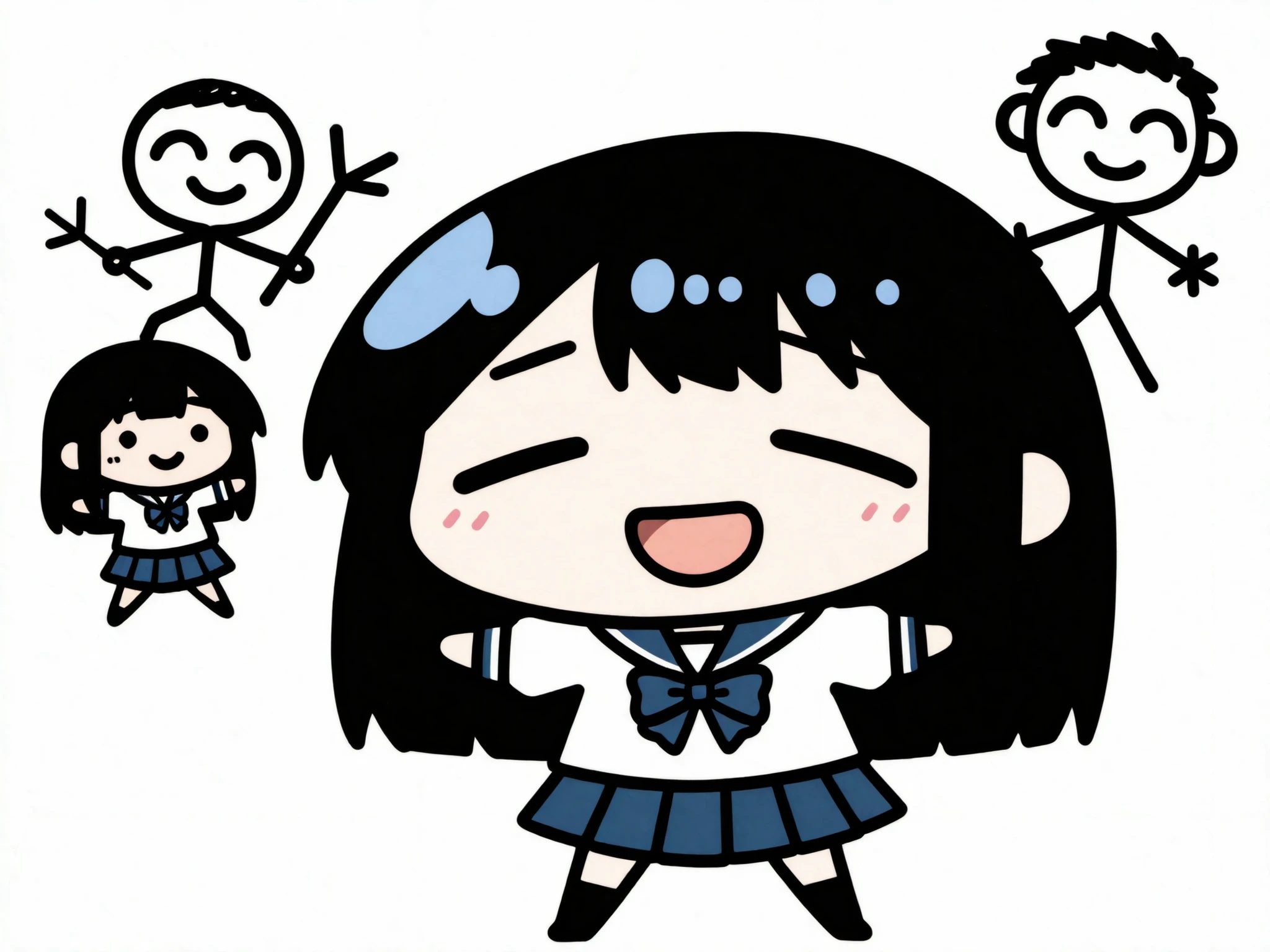 chibi character, simple drawing, stick figure style, anime style, school uniform, sailor uniform, blue ribbon, blue bow, pleated skirt, navy skirt, white blouse, long sleeves, short hair, black hair, straight hair, shoulder length hair, smiling character, open mouth, happy expression, simple face, minimal eyes, curved eyebrows, small mouth, minimalistic art, cute style, simplistic design, cartoon girl, female character, standing pose, arms out, front view, light skin, student outfit, japanese school uniform, seifuku, doodle art, digital drawing, minimalist anime, basic shading, flat colors, clean background, white background, vector-like, 2d illustration, outline art, cute expression, playful mood, casual pose, minimal details, blue color palette, kawaii style, stylized character, anime girl, sketchy outline, simple proportions, childlike drawing, rough outline, beginner style, cartoon proportions, student character, hand-drawn look, comic style, cute cartoon, adorable character, anime-inspired, character design, expressive pose, youthful design, smiling girl, friendly character, open arms, basic coloring, unshaded drawing, cute simplicity, simple anatomy, lighthearted expression, naive style, cute sketch, anime doodle, cartoon simplicity, happy mood, digital art, art sketch, thin lines, flat coloring, character focus, chibi girl, cartoon simplicity, anime student, doodle character, minimal anime, schoolgirl outfit, blue and white colors, basic design, cute art style, cheerful character, kawaii art, anime doodle, casual character, youth theme, simple charm, stick figure girl, cute schoolgirl, flat design, happy chibi,