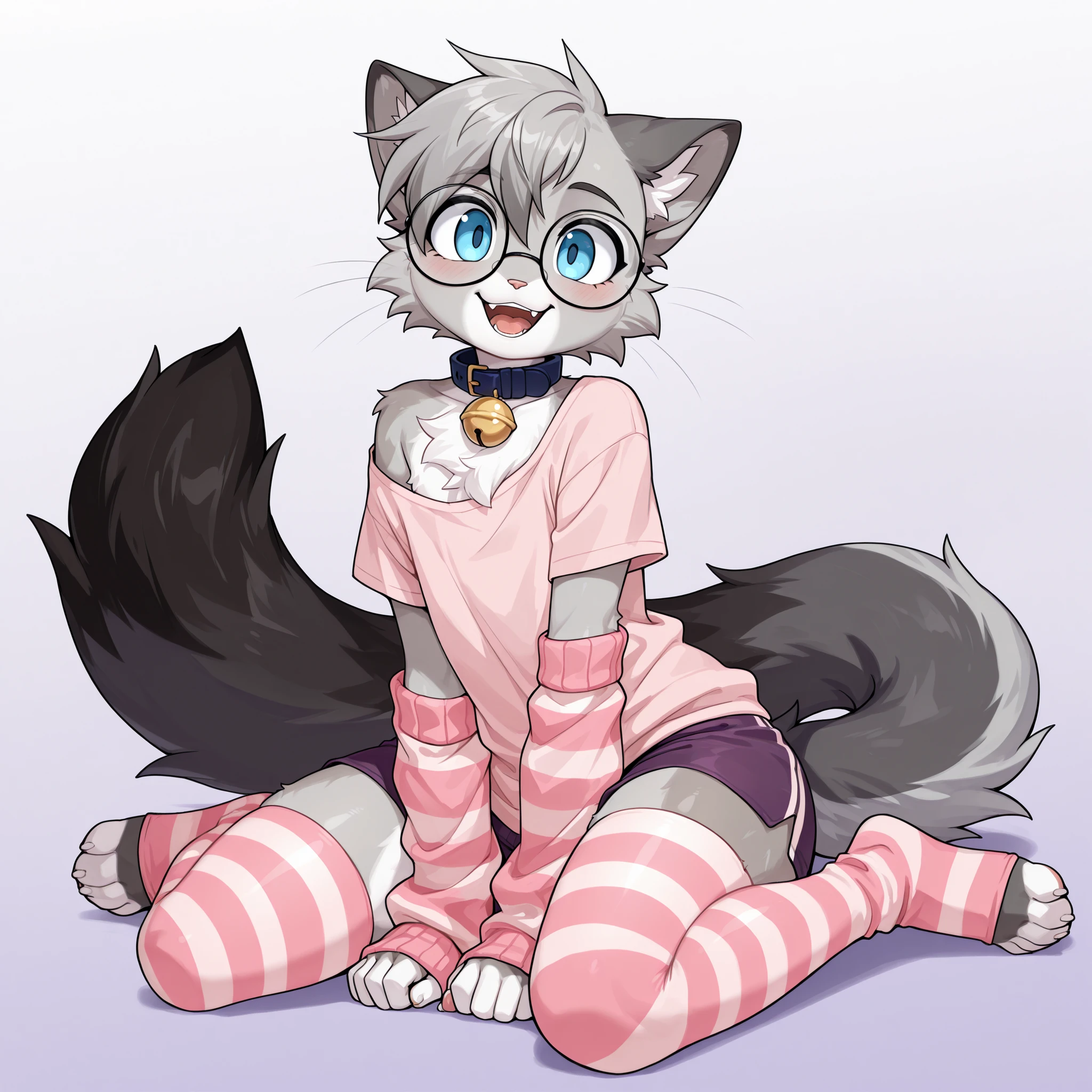 score_9, score_8_up, score_7_up, score_6_up, score_5_up, score_4_up, masterpiece, high quality, detailed, best quality, domestic cat, felid, feline, felis, egyptian mau, furry, anthro, nixuelle, grey fur, white fur, multicolored fur, grey hair, blue eyes, tail, fluffy tail, glasses, blue bell collar, 4 toes, male, 1boy, femboy, solo, pink shirt, pink striped thigh-highs, pink striped arm warmers, dark purple shorts, happy, sitting on the floor, looking at viewer, purple gradient background