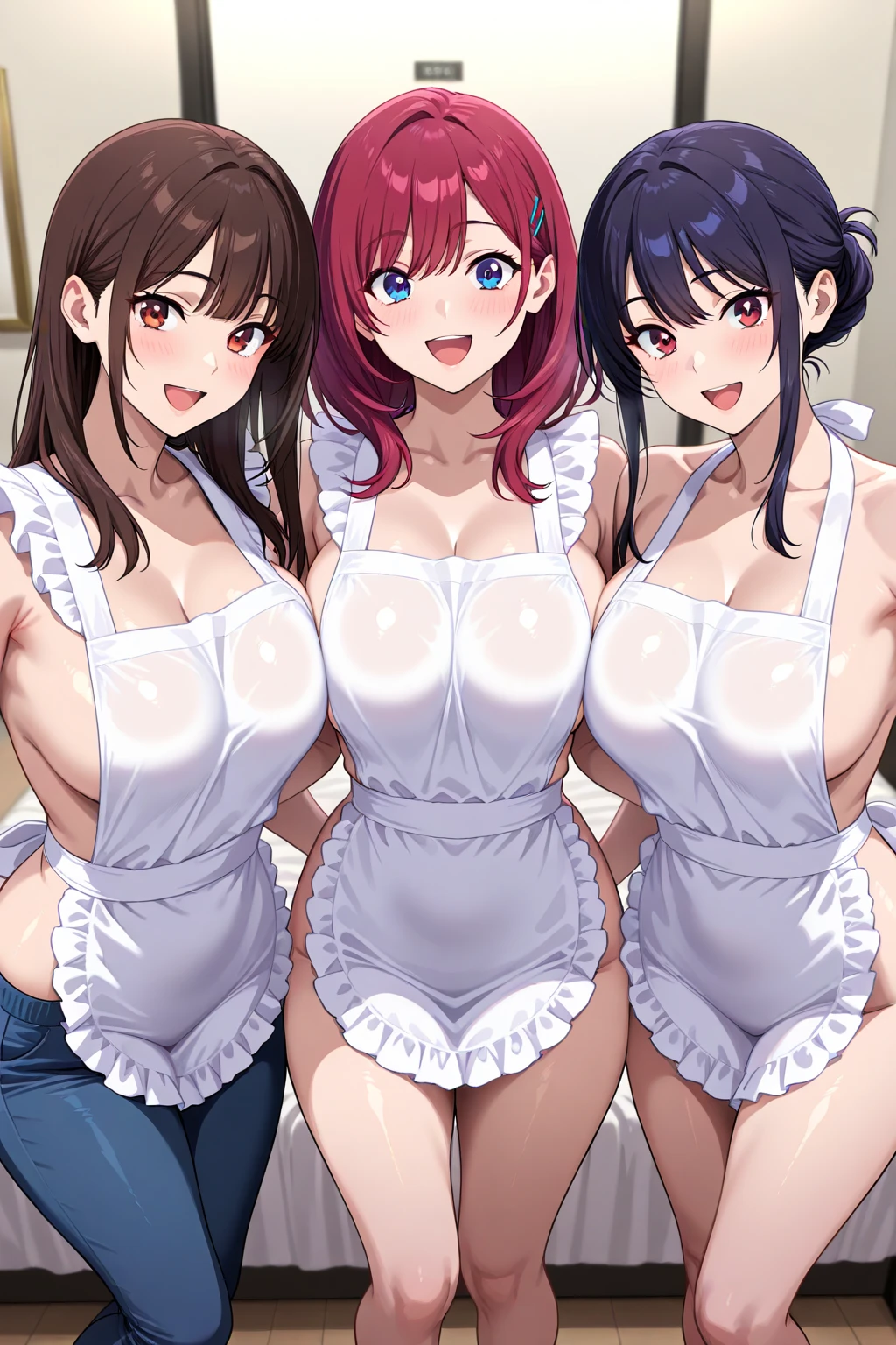 multiple thick body big  females  with hands on knees pointing  at camera in kitchen wearing extremely transparent white skirt and dress shirt (show  and  hanging out one side of night gown),  (all panties are lace pattern)(spread her legs show panties to camera), daytime big window in background