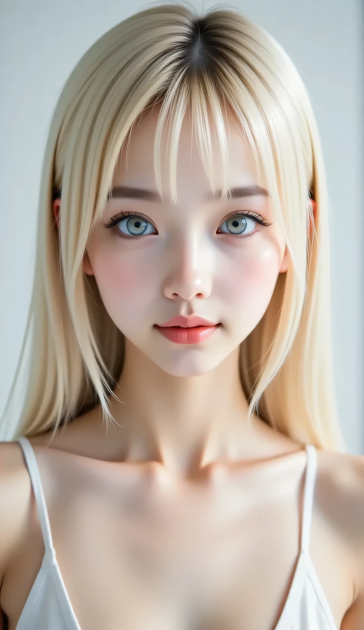 american woman, blonde hair, colorhair,(((8k, Raw photography, masterpiece, Top quality, realistic photo:1.4, Ultra detailed:1.5, Focus on the eyes))), ((beautifull detailed face, Natural skin)), (Beautiful girl:1.5), 1girl, solo, whole body shot (head to toe), standing, looking at viewer, (A beautiful and cute 20-year-old girl:1.3), mixed blood Japanese and Russian (Japanese 40% Russian 60%), 165cm tall, Her name is Nana, well-proportioned supermodel body, big breast, big hip, ((flawless natural white skin)), (Russian girl face:1.2), Sharp and intelligent large expressive green eyes, delicate Japanese-style nose and lips, natural rosy pink cheeks and lips with a healthy glow, (long hair reaching mid-back:1.1), straight platinum blonde colorhair, with split hair color green,
wearing a small tank top and girl athletic board shorts, standing straight in a neutral pose, against a plain white studio background, soft studio lighting.