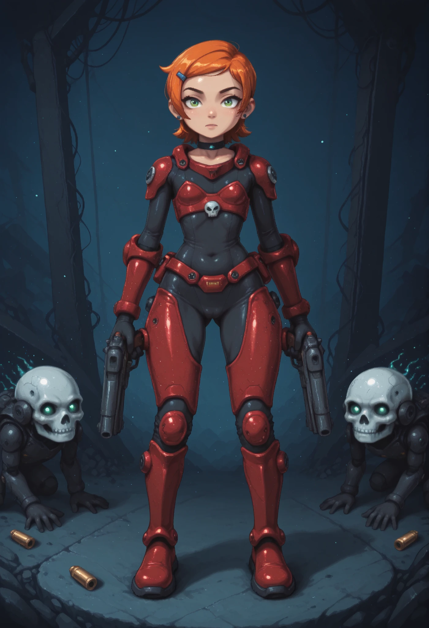 Gwen Tennyson . ginger . short hair . green eyes . flat breasts, flat chest, huge hips . slim body . choker . | a marine with black armor holds the line against alien invaders. It is a full body shot of the armor, and his helmet contains a white skull decal. He is in battle with a group of enemy marines in red armor. His gun is shooting and empty shell casings fall to the ground around him
