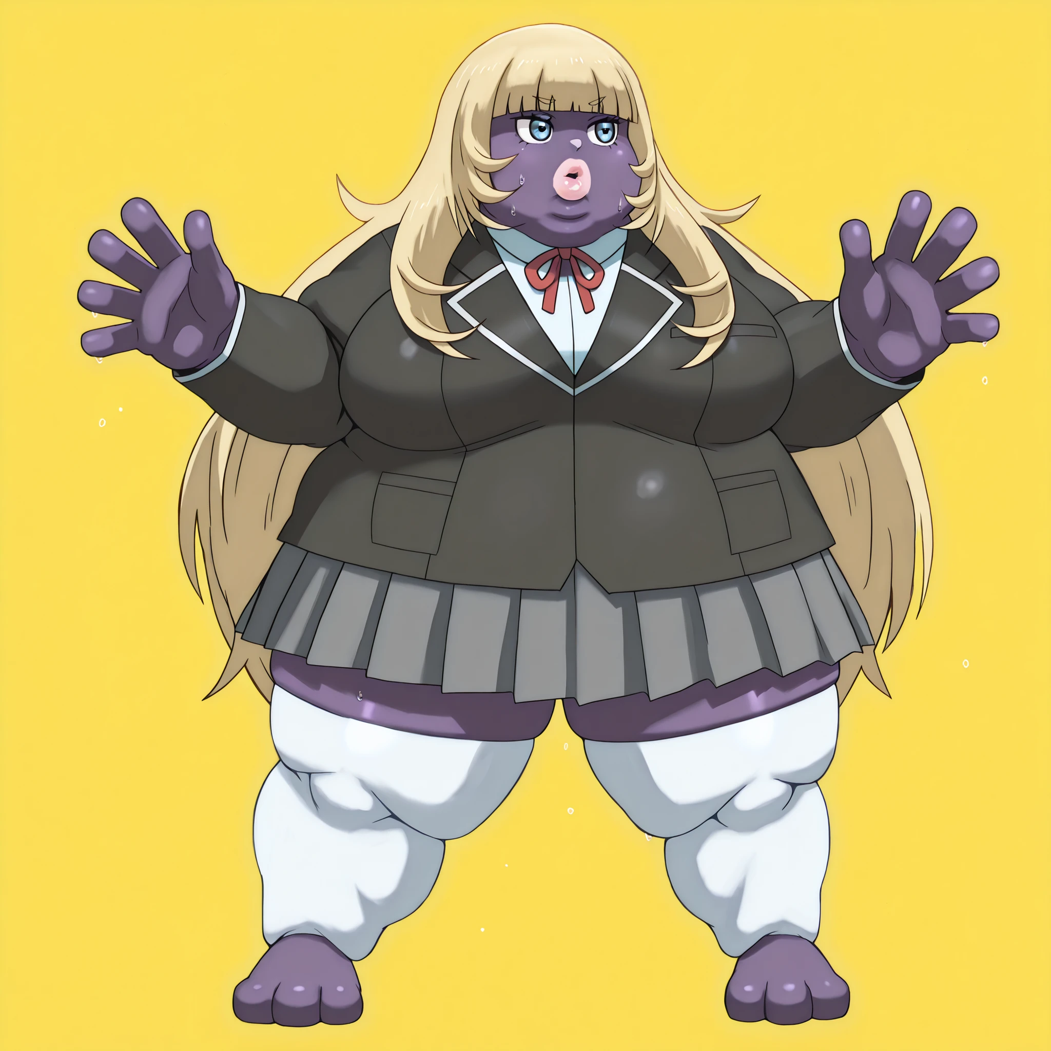 colored skin, lips, thick lips, pokemon (creature), no humans, long hair, blonde hair, black eyes, dress, red dress, purple skin, 1girl, girl, aamarie, blue eyes, blonde hair, blunt bangs, marieschool, school uniform, red neck ribbon, white dress shirt, black blazer, grey skirt, pleated skirt, white thighhighs, blank_stare, empty_stare,  fat, chubby, obese, gigantic arms and legs, large breasts, sweating, wet body, swollen face, Fat_neck , Fat head , eyes with crushed cheeks , nose with crushed cheeks , mouth with crushed cheeks , chin roll,
only head, large head, oversized limbs, large hands, large feet, oversized feet, oversized fingers, big lips, plump lips, fat face, fupa, big fupa, fat fupa, 