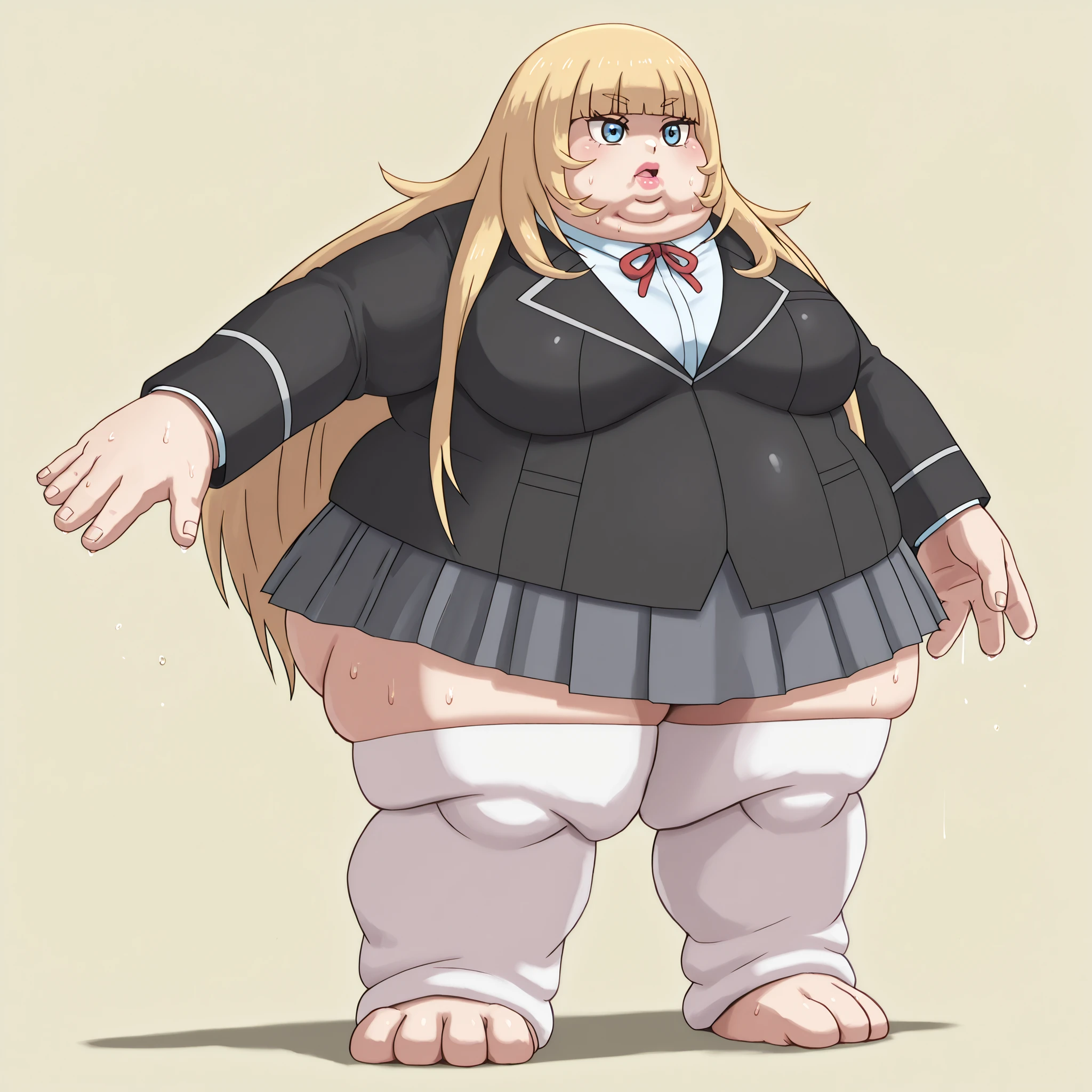 lips, thick lips, pokemon (creature), no humans, 1girl, girl, aamarie, blue eyes, blonde hair, blunt bangs, marieschool, school uniform, red neck ribbon, white dress shirt, black blazer, grey skirt, pleated skirt, white thighhighs, blank_stare, empty_stare,  fat, chubby, obese, gigantic arms and legs, large breasts, sweating, wet body, swollen face, Fat_neck , Fat head , eyes with crushed cheeks , nose with crushed cheeks , mouth with crushed cheeks , chin roll,
only head, large head, oversized limbs, large hands, large feet, oversized feet, oversized fingers, big lips, plump lips, fat face, fupa, big fupa, fat fupa, 