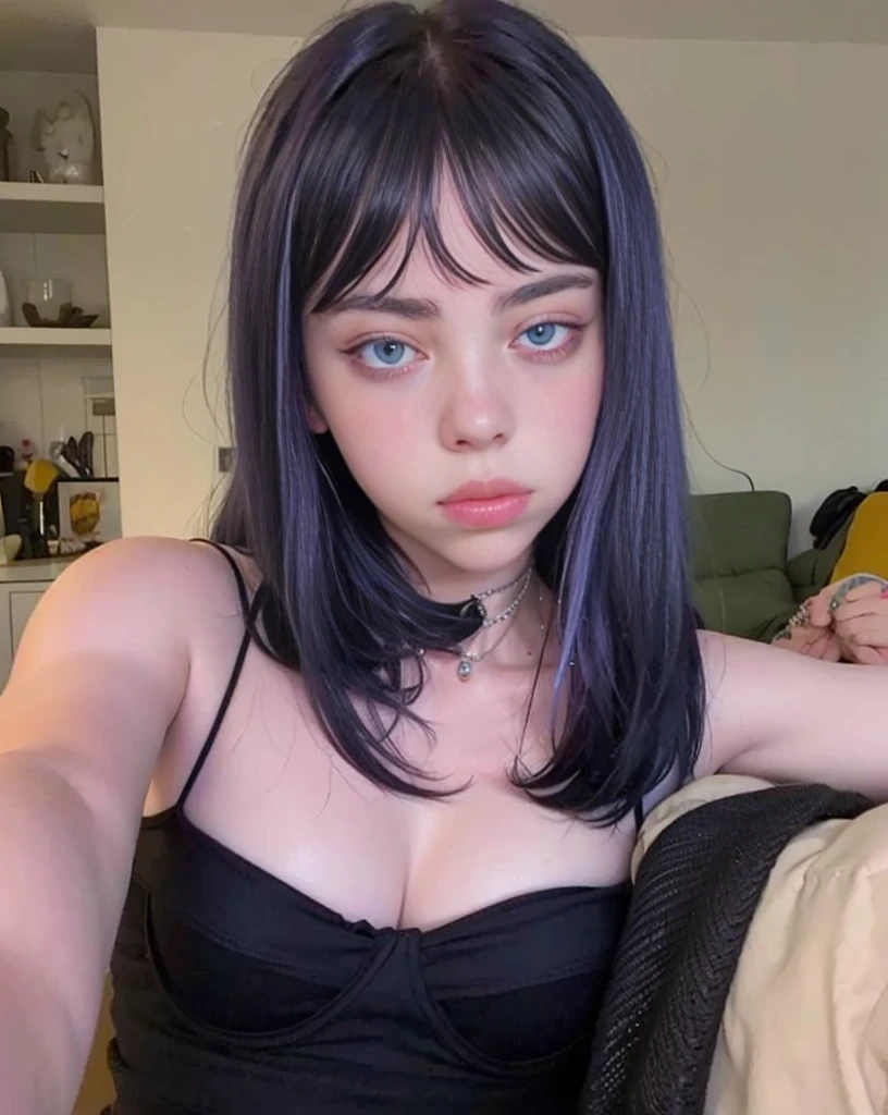 there is a woman with purple hair and a necklace, with a neckline showing her , a colored photo inspired by Jessie Alexandra , reddit, antipodes,21 year old goth girl, pale skin and purple eyes, soft pale skin, artwork teacher, high resolution, with long hair and penetrating sensual eyes, 21 years old, very realistic, hyperrealistic woman,  woman, biting her lip sensually, black mini top with cleavage, loose pink miniskirt, red  sticking out,  attitude, hot girl, reduce blur, image clarity,