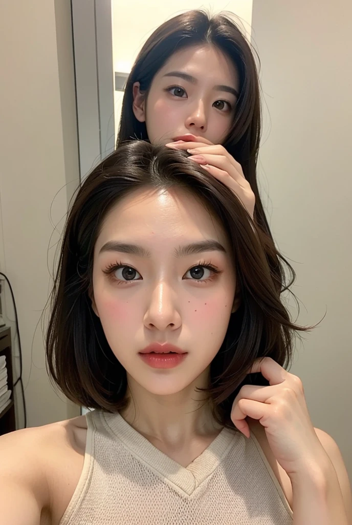 Kim Jennie de blackpink con el cabello rubio claro, cabello rubio con ondulado, cabello de color rubio ondulado, with small fringes, ojos color , nariz respingada y bonita, labios gruesos, Cupid and heart shaped lips......., labios rosas, pale, piel blanca, piel bonita y suave, con pecas y lunares, cejas bonitas, marked and beautiful clavicle, mientras tiene un polo con rosas color rojo tinto, rojo oscuro, con ropa interior femenina, abdomen delgado y bonito, escote desnudo, (pechos grandes, pechos suaves, pechos naturales, escote desnudo), mientras agarra una rosa,  mirando a la camara, autofoto, selfie lejana, selfie from all angles, alguien se esta tomando selfies, foto lejana y de distintos algunos