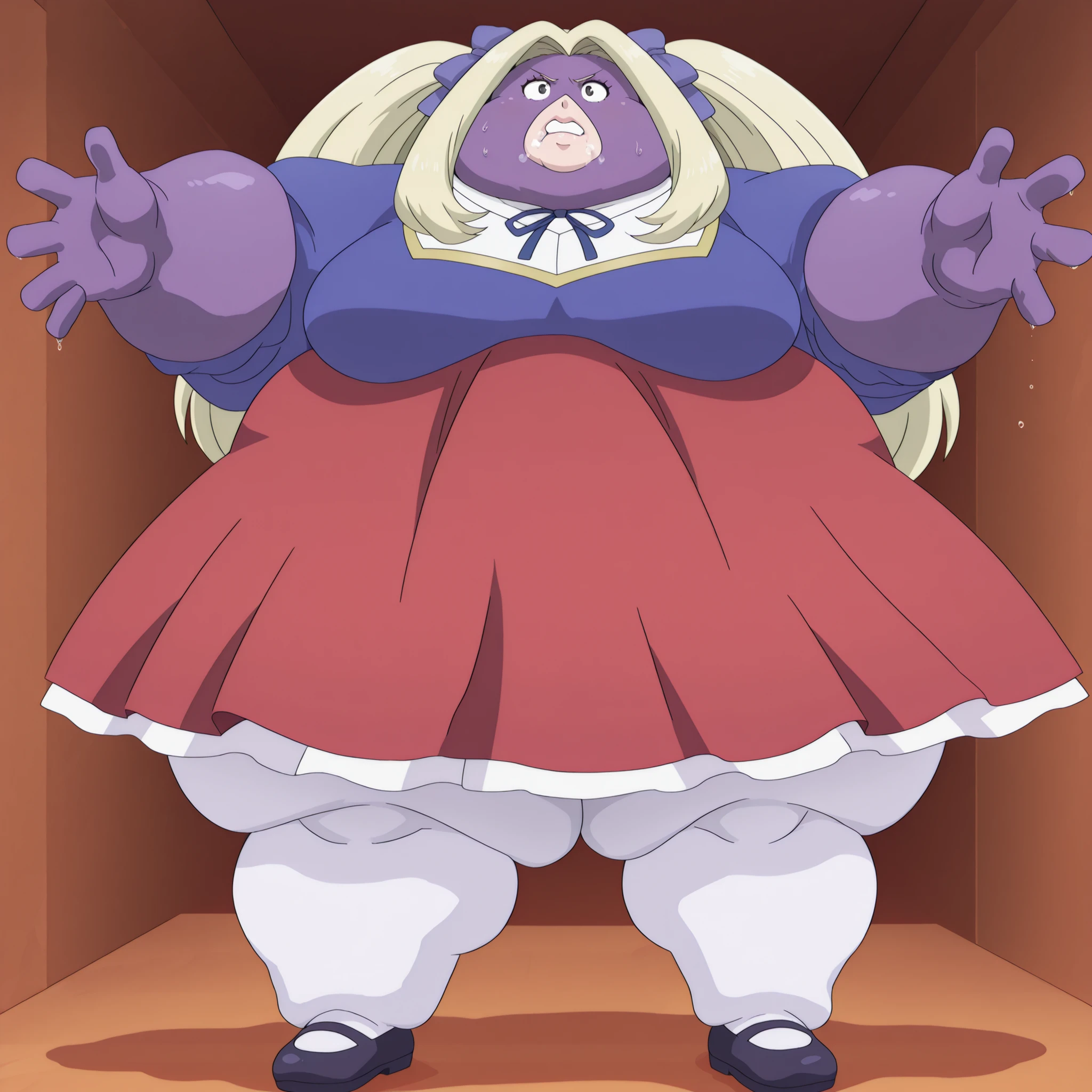 jynx
pokemon female, black eyes, purple skin, blonde hair, long hair
red dress, yellow trim, 1girl, solo, meltyqm, blue dress, neck ribbon, hair bow, white pantyhose, mary janes, blank_stare, empty_stare,  fat, chubby, obese, gigantic arms and legs, large breasts, sweating, wet body, swollen face, Fat_neck , Fat head , eyes with crushed cheeks , nose with crushed cheeks , mouth with crushed cheeks , chin roll,
only head, large head, oversized limbs, large hands, large feet, oversized feet, oversized fingers, big lips, plump lips, fat face, fupa, big fupa, fat fupa, 